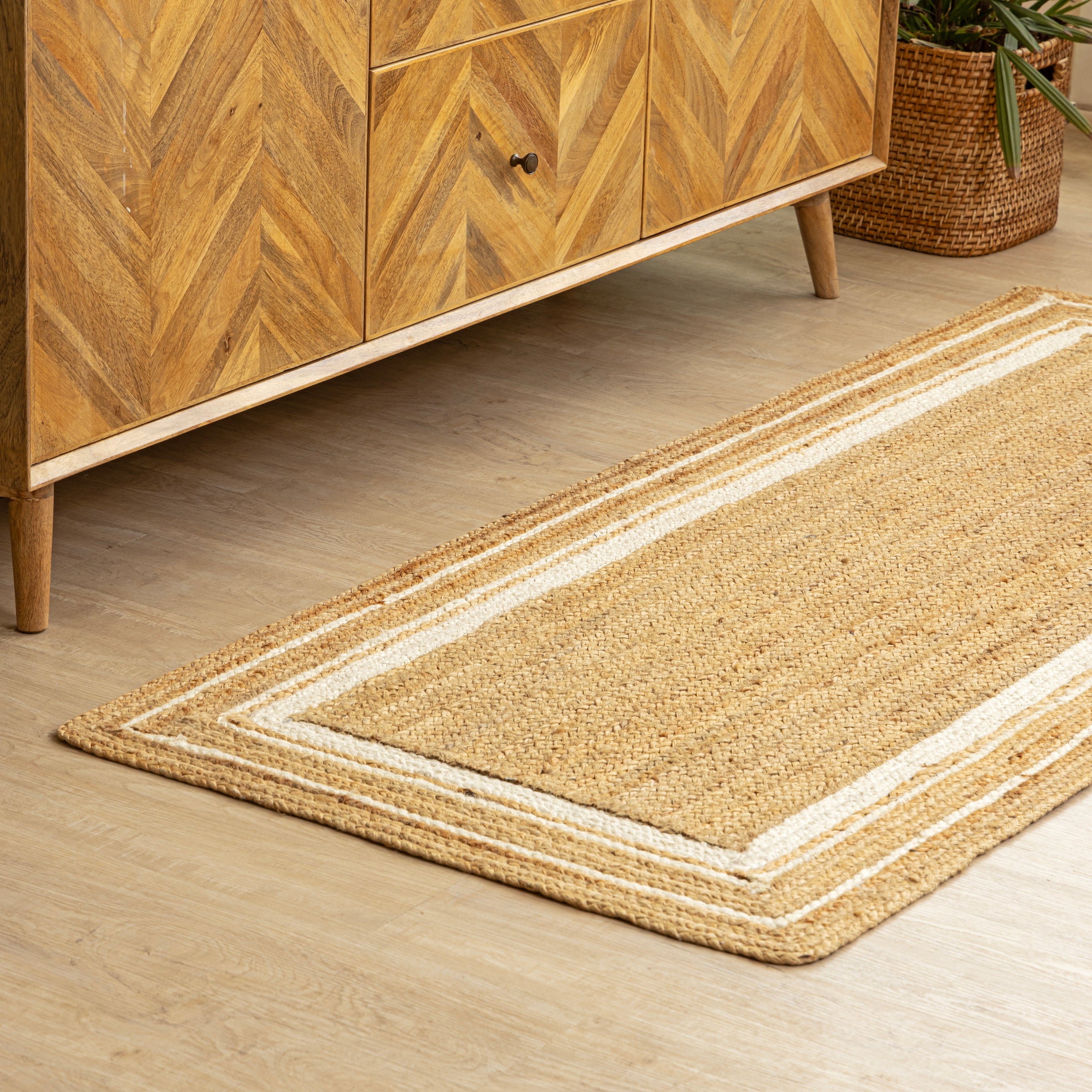 Handwoven Natural Hemp Runner Rug with White Bordered Accents - Eco-Friendly Flatweave Design