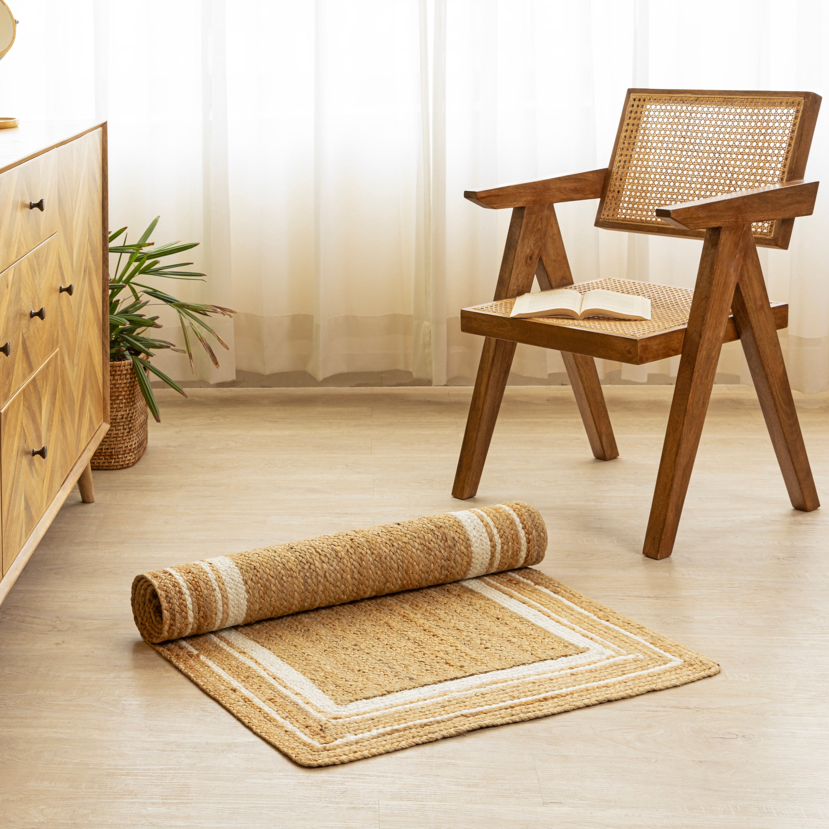 Handwoven Natural Hemp Runner Rug with White Bordered Accents - Eco-Friendly Flatweave Design