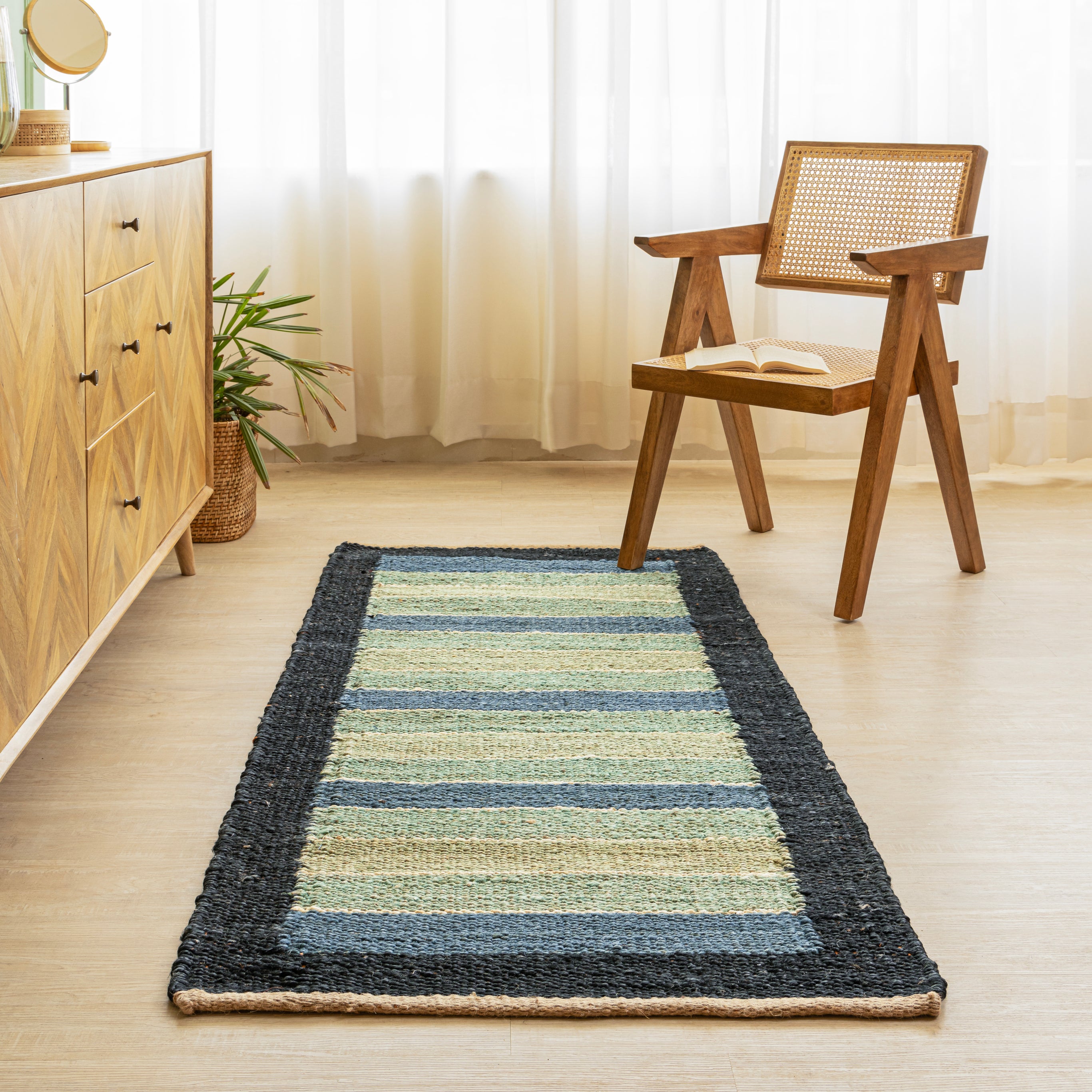 Handwoven Hemp Runner Rug with Coastal Stripe Design - Flatweave in Blue and Green Tones