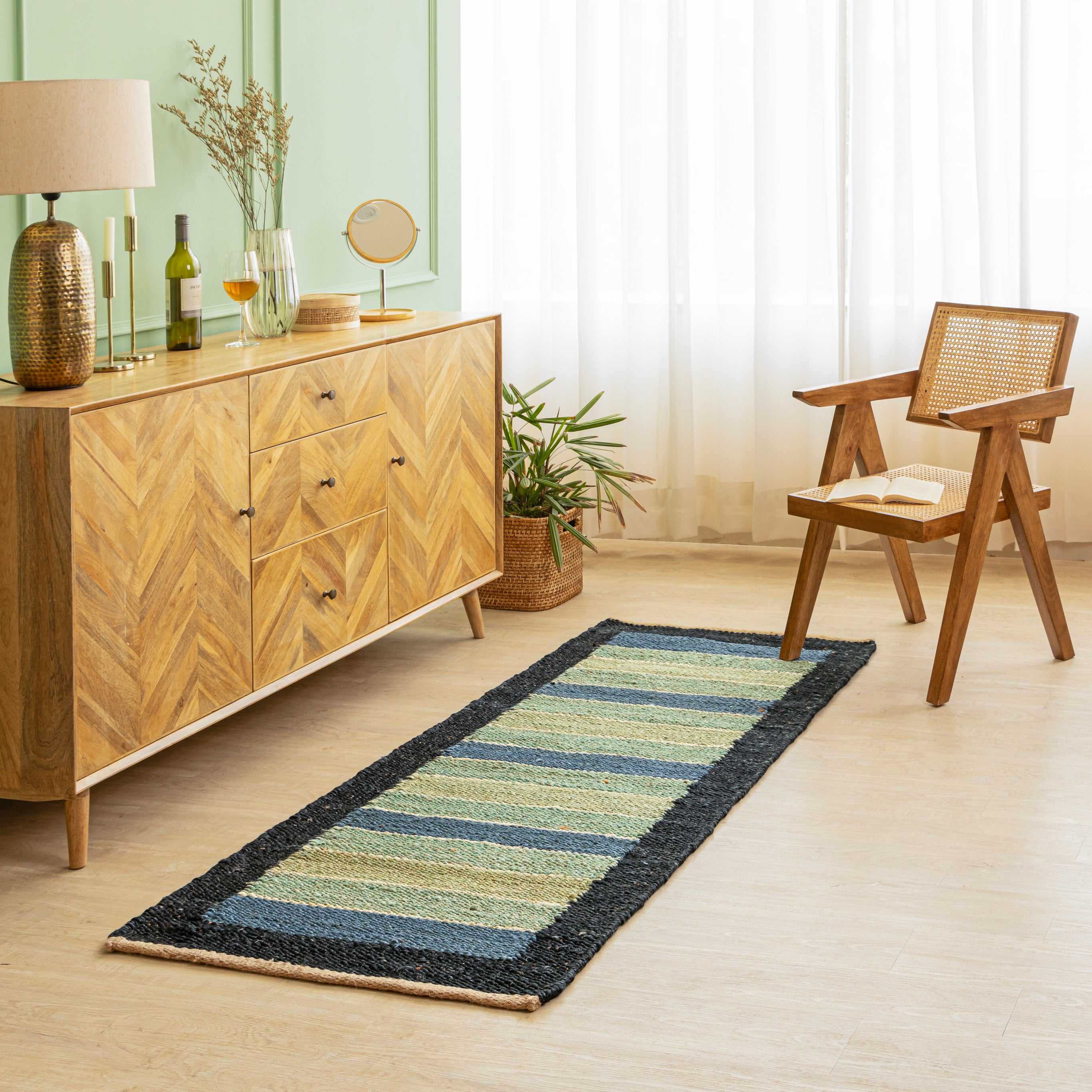 Handwoven Hemp Runner Rug with Coastal Stripe Design - Flatweave in Blue and Green Tones