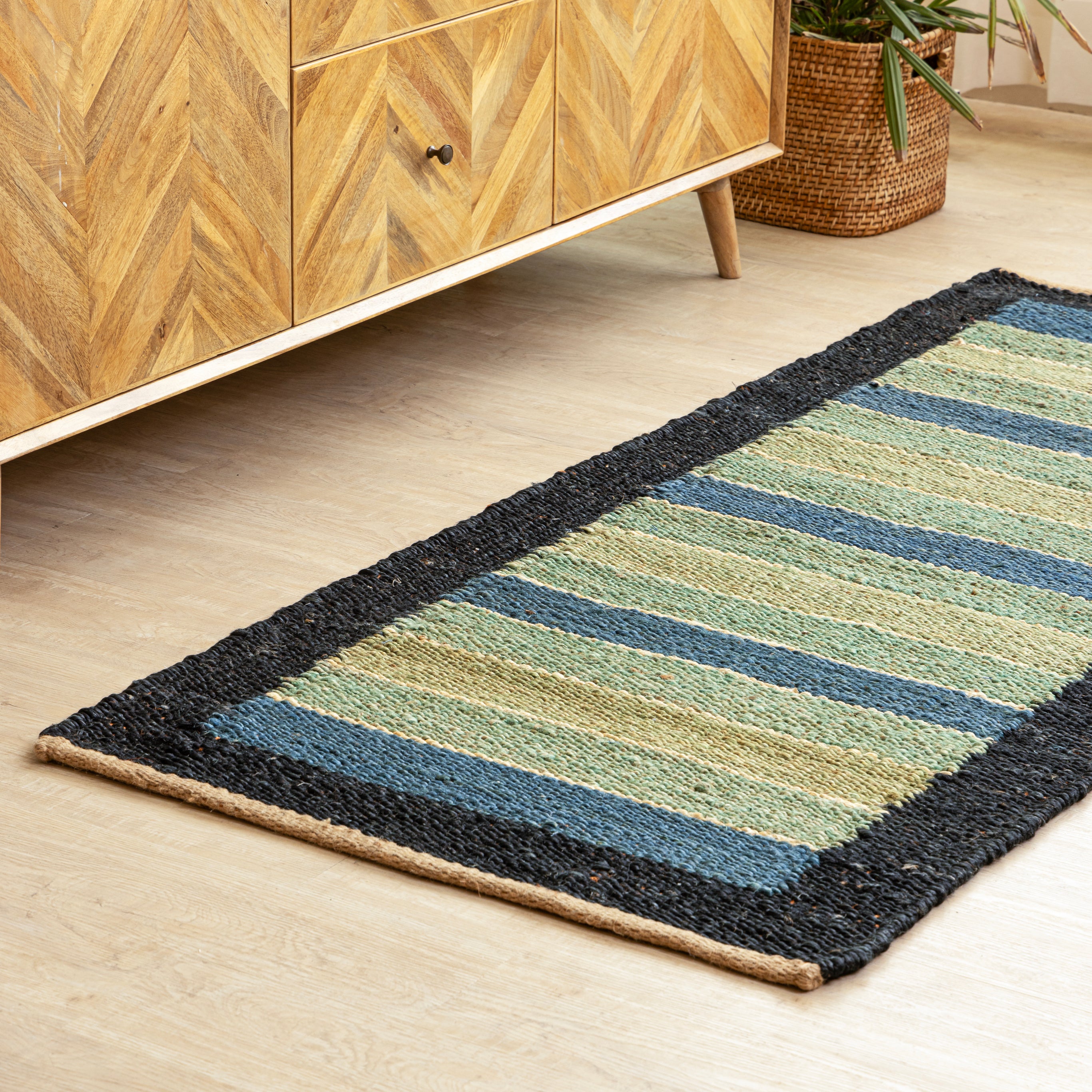 Handwoven Hemp Runner Rug with Coastal Stripe Design - Flatweave in Blue and Green Tones