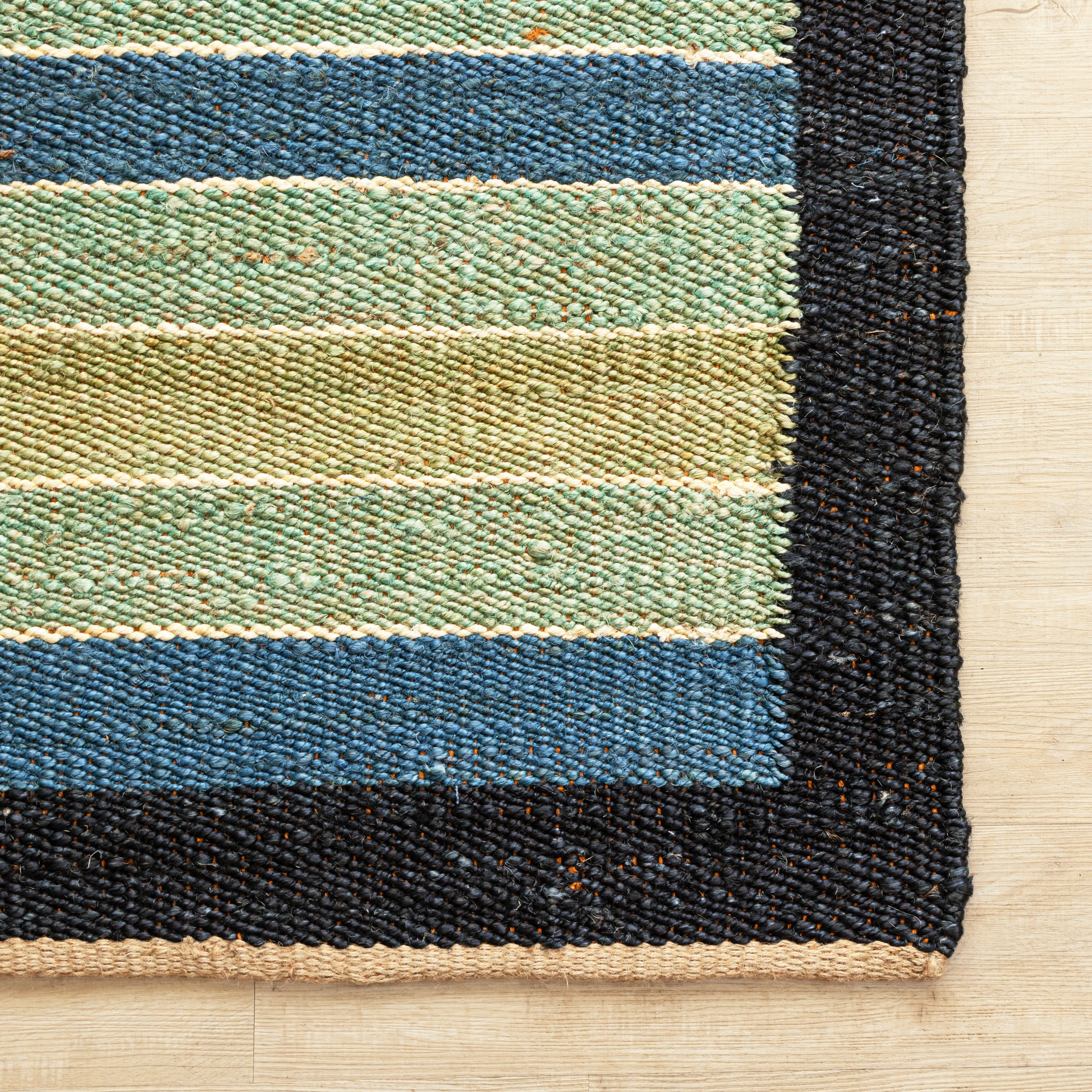 Handwoven Hemp Runner Rug with Coastal Stripe Design - Flatweave in Blue and Green Tones