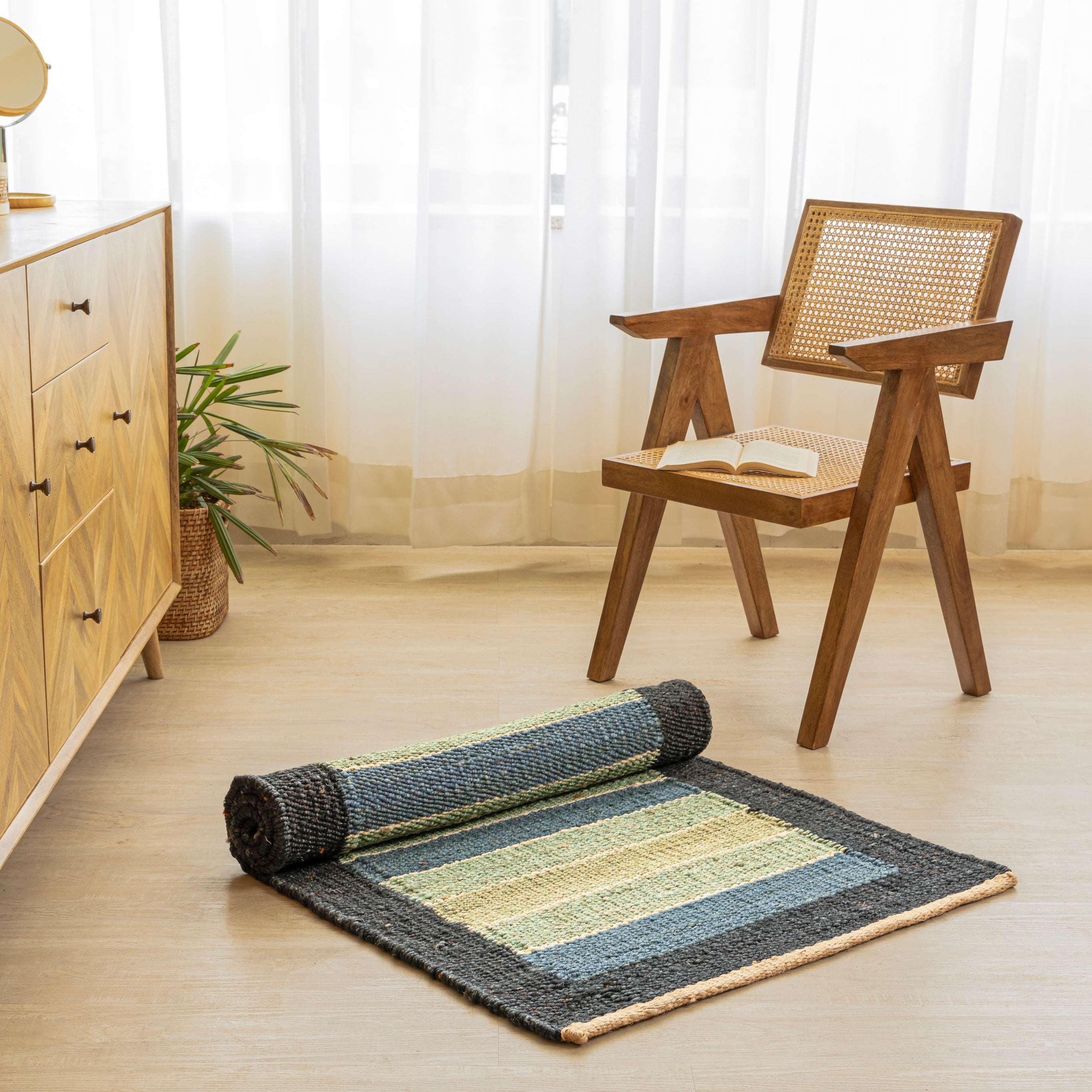 Handwoven Hemp Runner Rug with Coastal Stripe Design - Flatweave in Blue and Green Tones