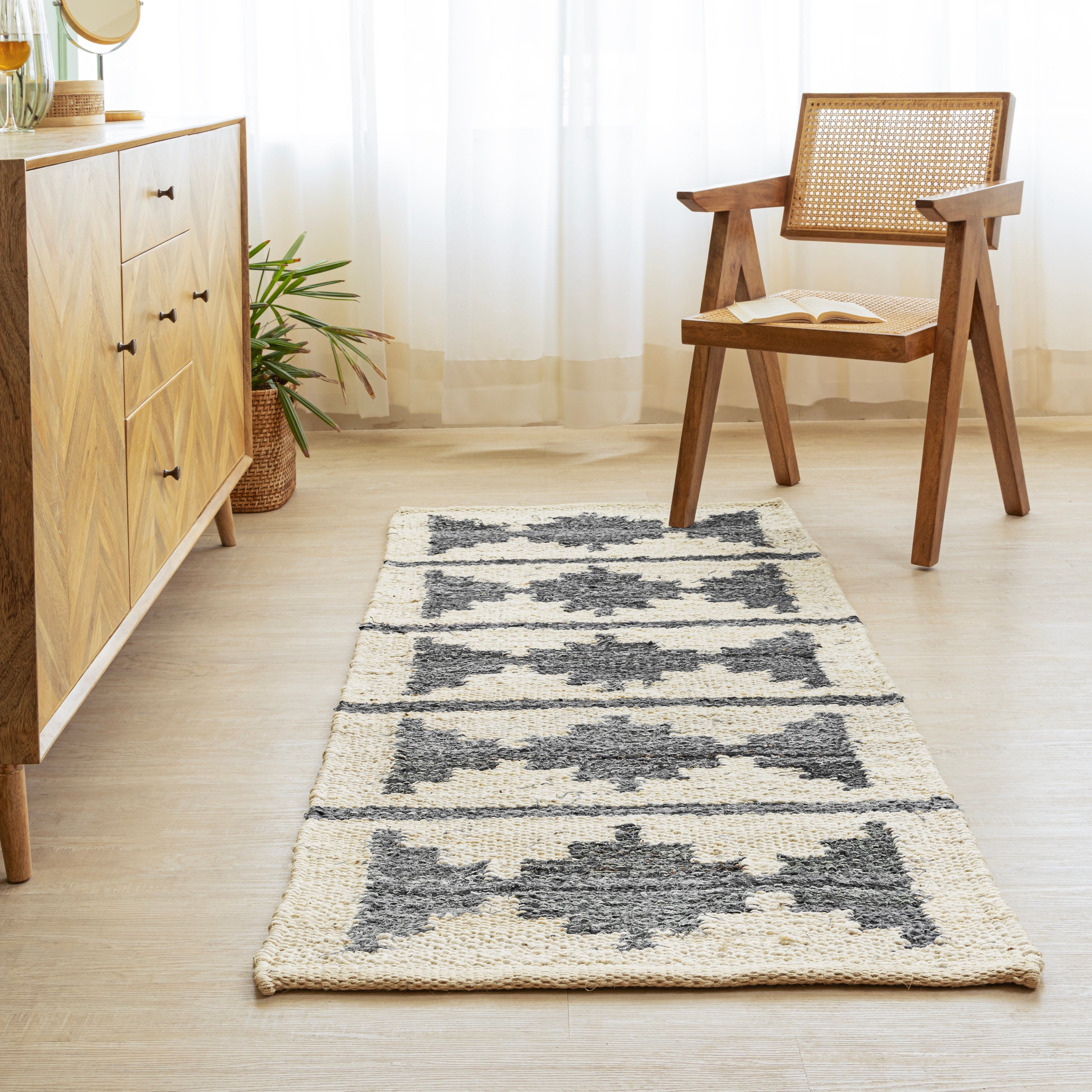 Handwoven Hemp Runner Rug with Geometric Tribal Design - Neutral Tones Flatweave