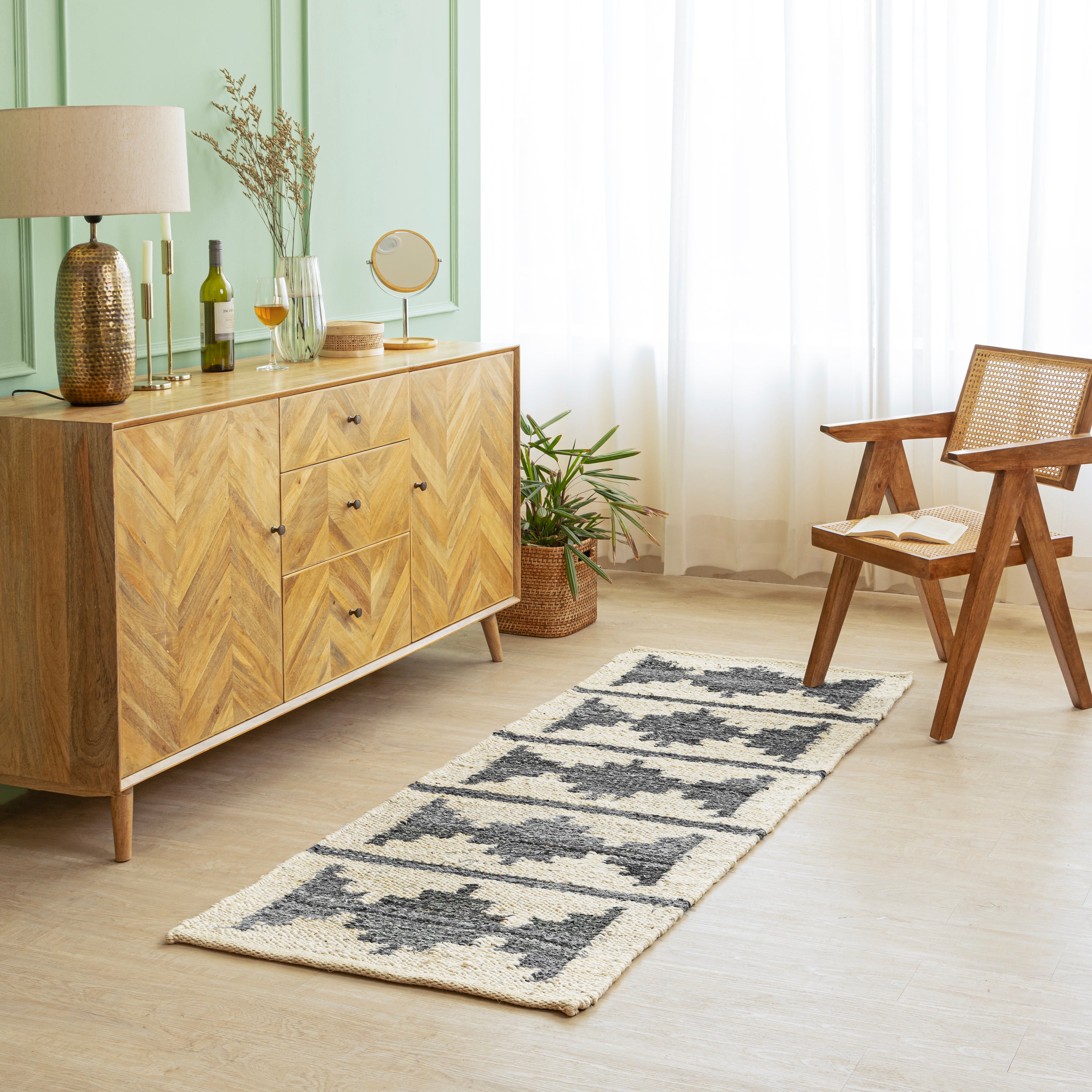 Handwoven Hemp Runner Rug with Geometric Tribal Design - Neutral Tones Flatweave