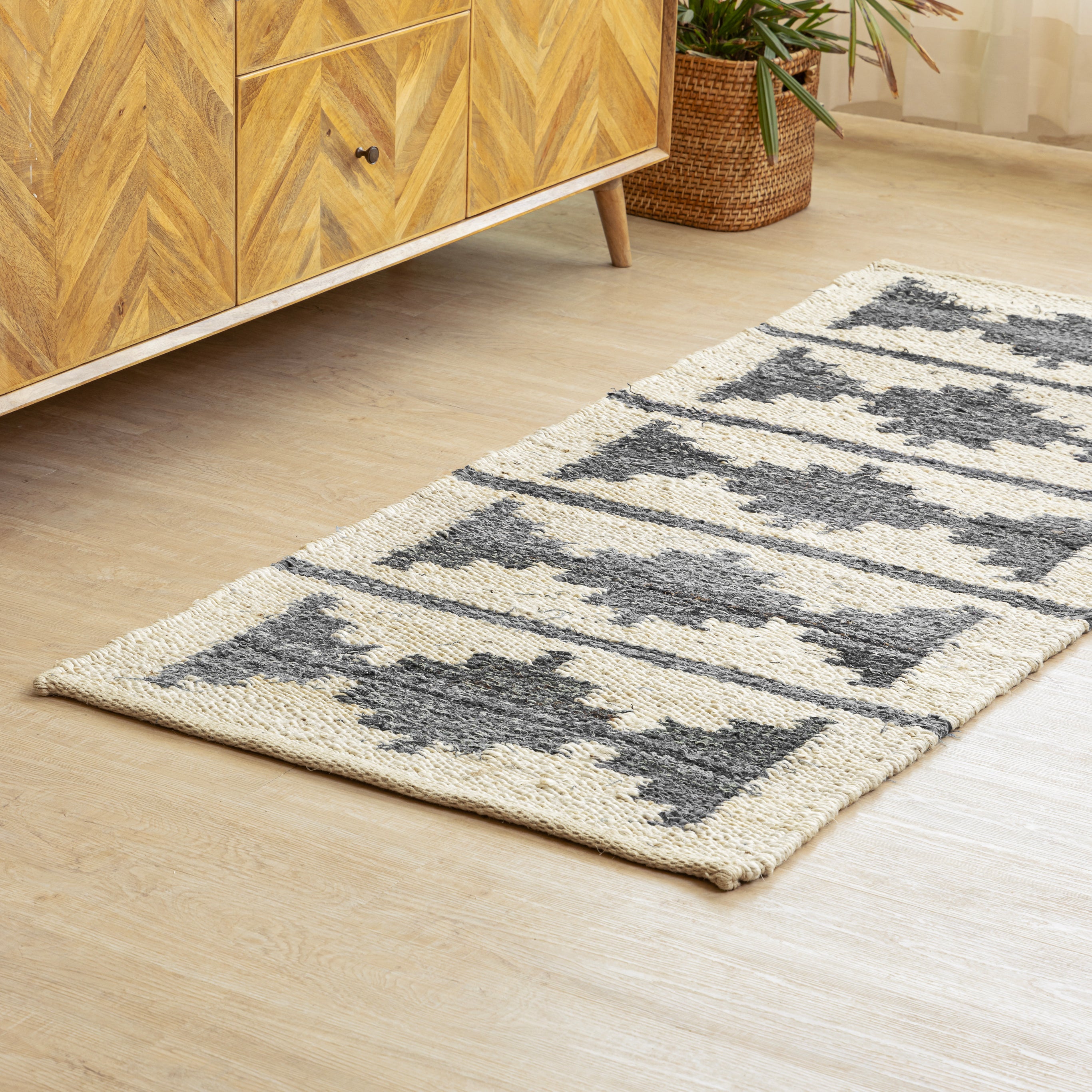 Handwoven Hemp Runner Rug with Geometric Tribal Design - Neutral Tones Flatweave