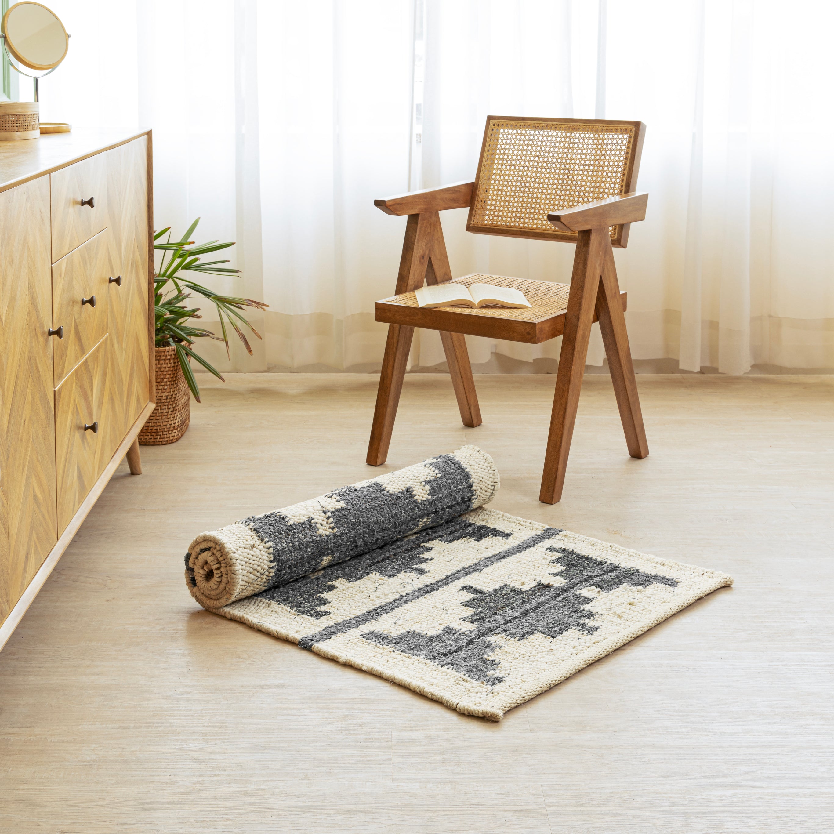 Handwoven Hemp Runner Rug with Geometric Tribal Design - Neutral Tones Flatweave