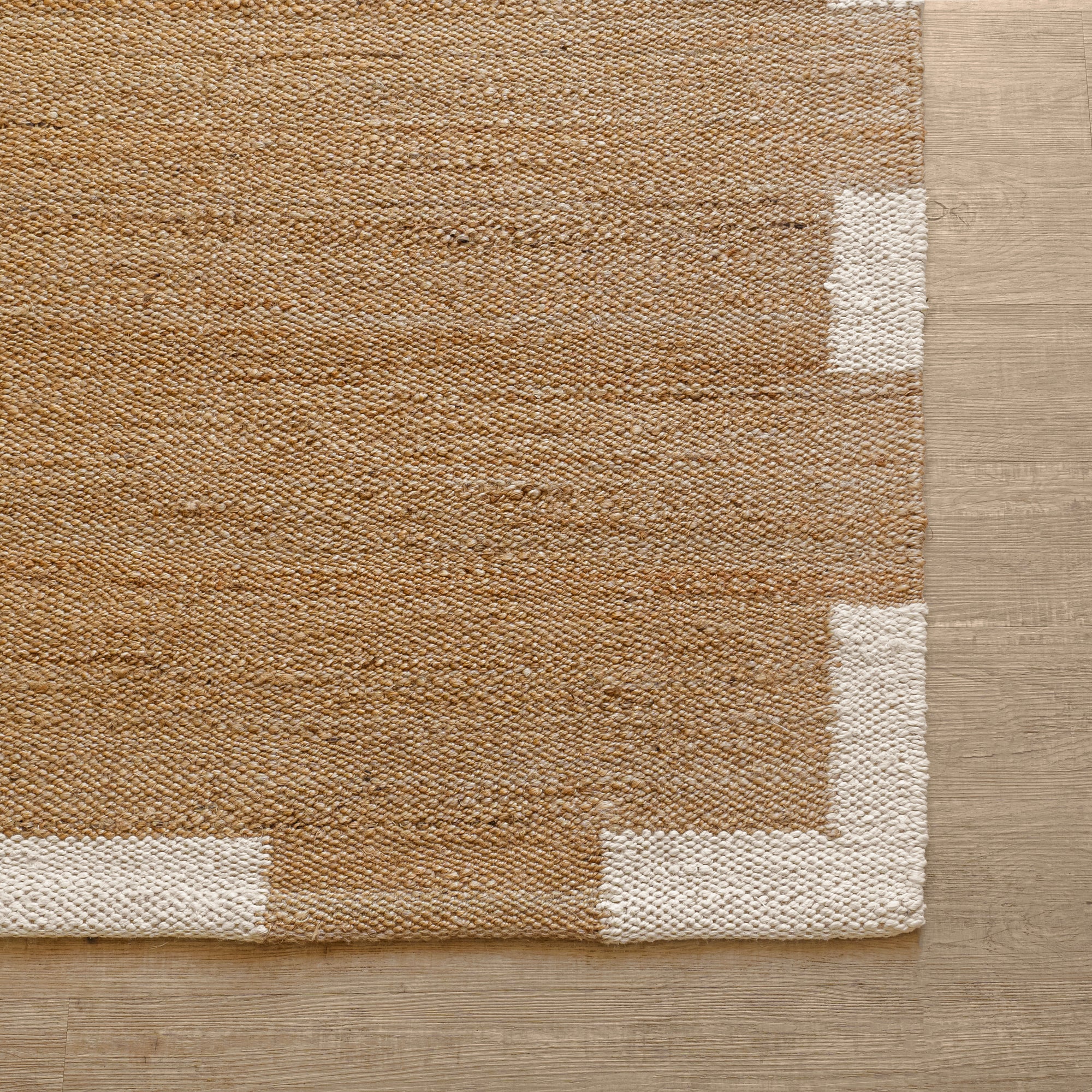 Handwoven Natural Hemp Rug with Modern White Block Accents - Flatweave Minimalist Design