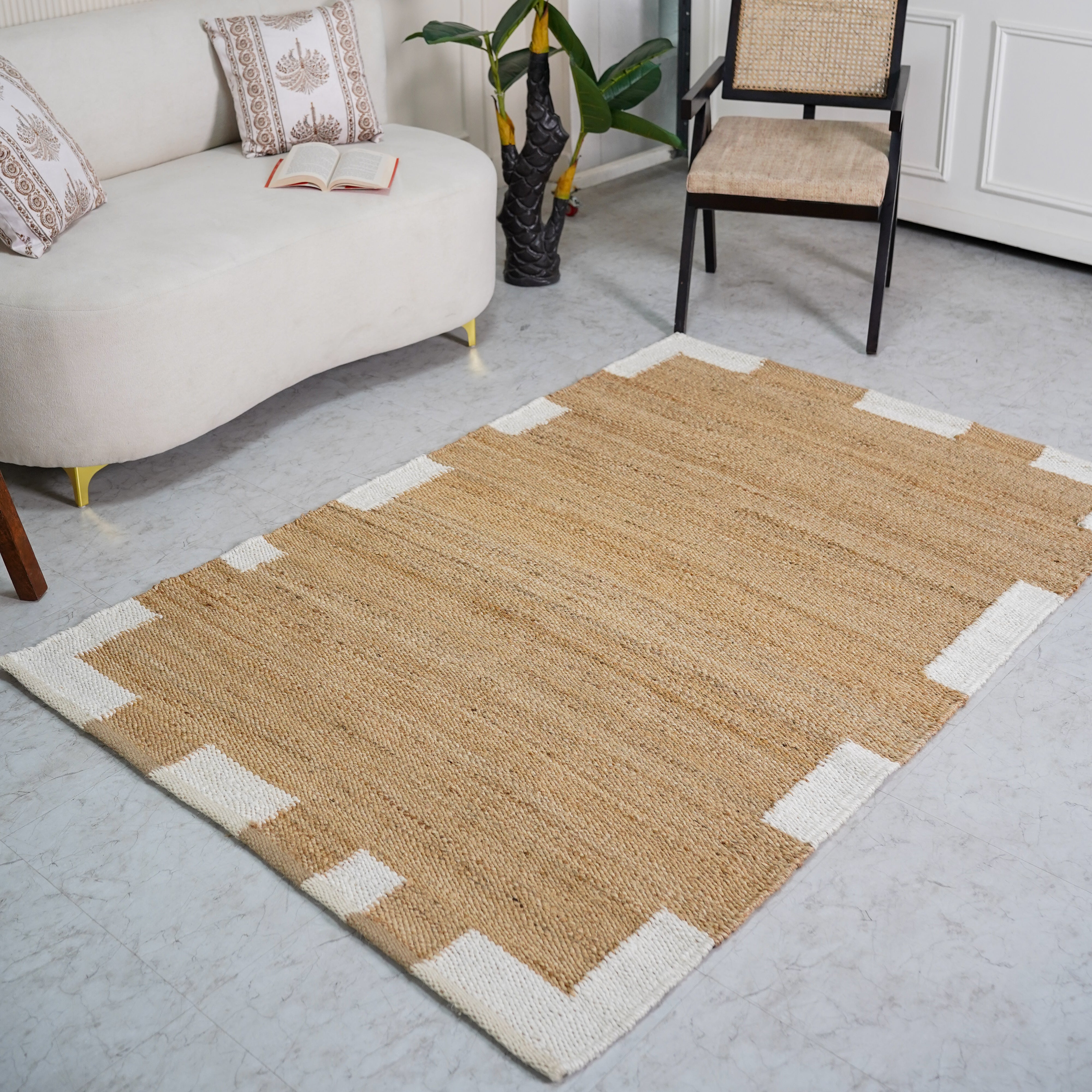 Handcrafted Natural Hemp Rug with Ivory Border - Rustic Elegance for Any Space