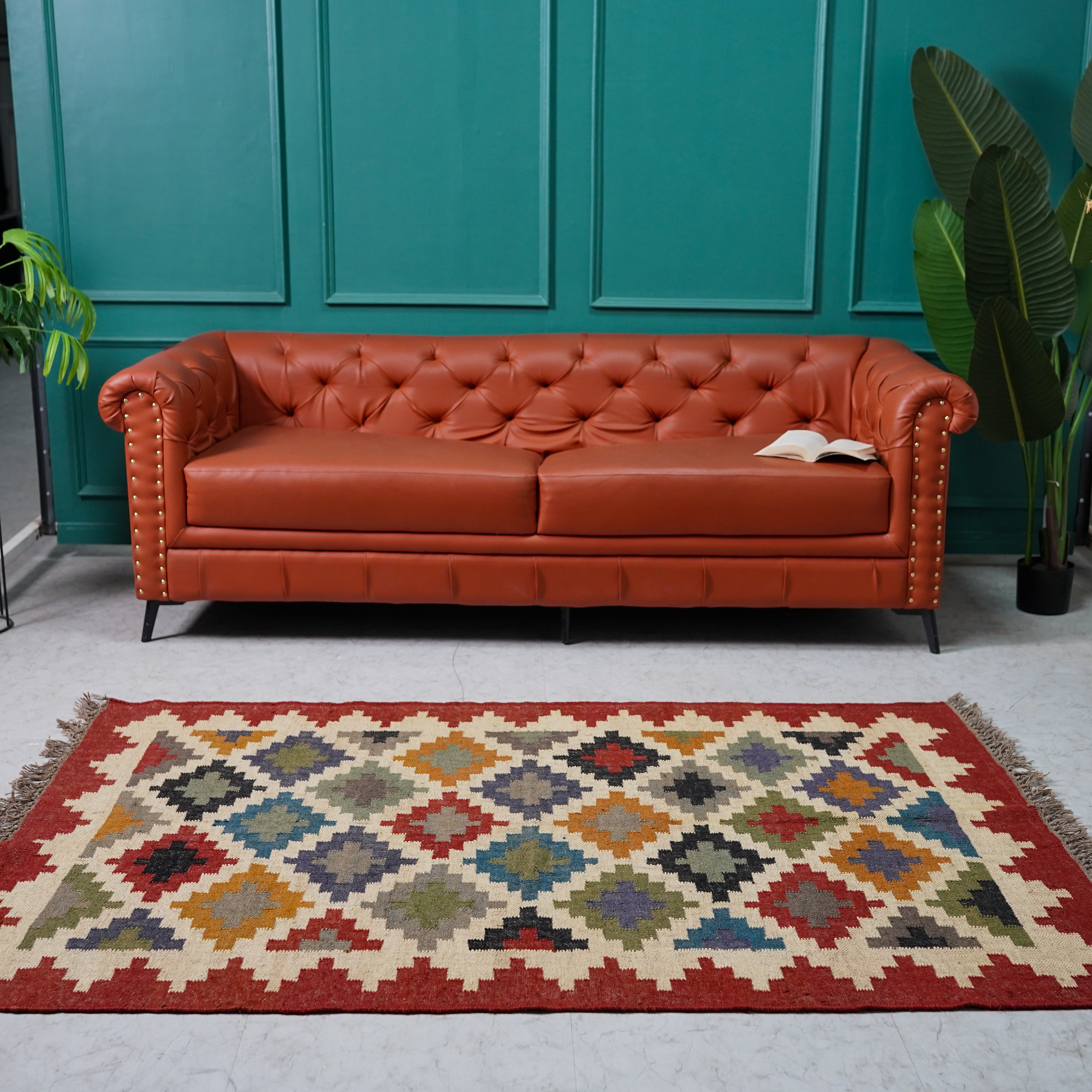 Vibrant Geometric Jute-Wool Flatweave Rug – Handcrafted in Multi-Color Diamond Design