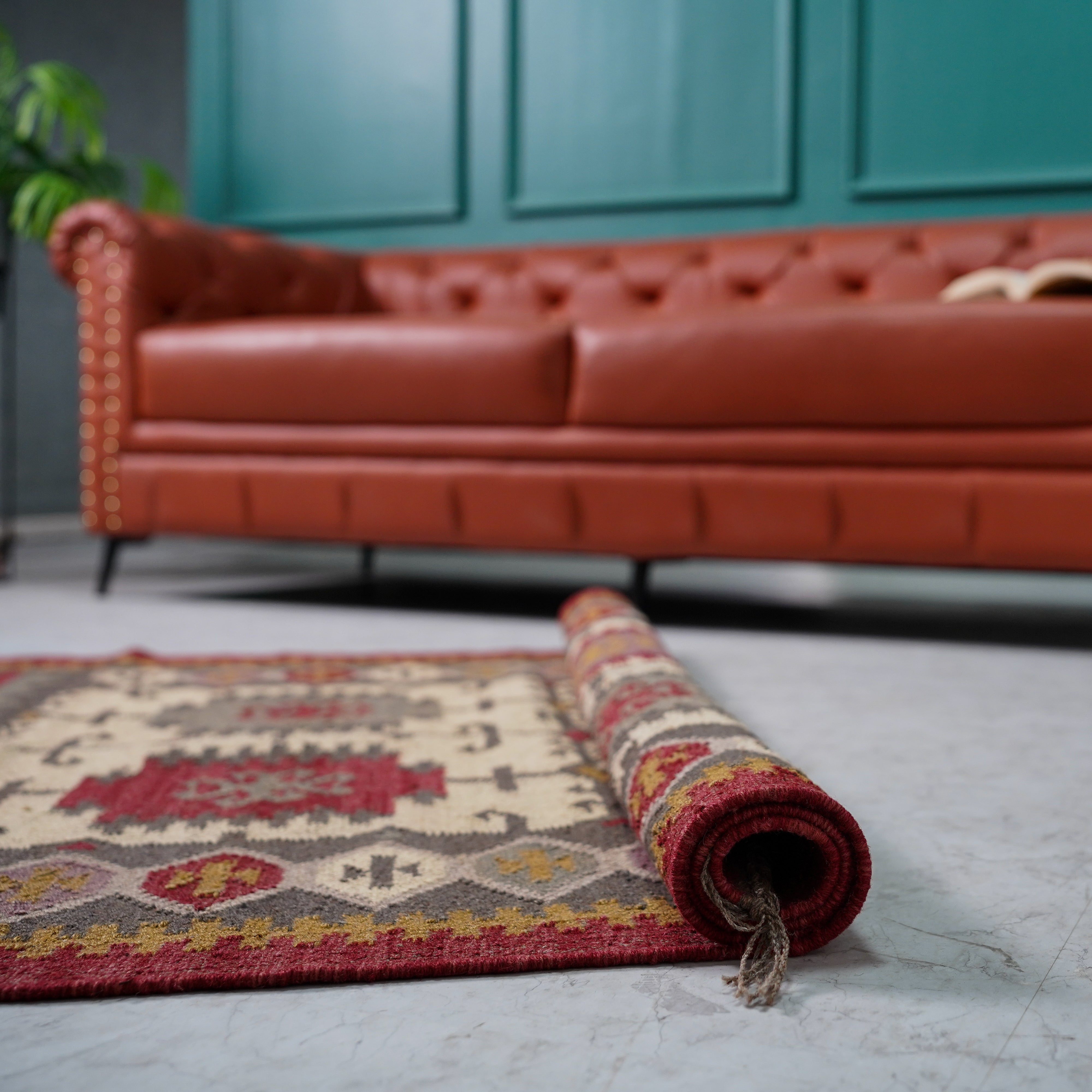 Rustic Red and Beige Jute-Wool Blend Flatweave Rug with Intricate Geometric Motifs