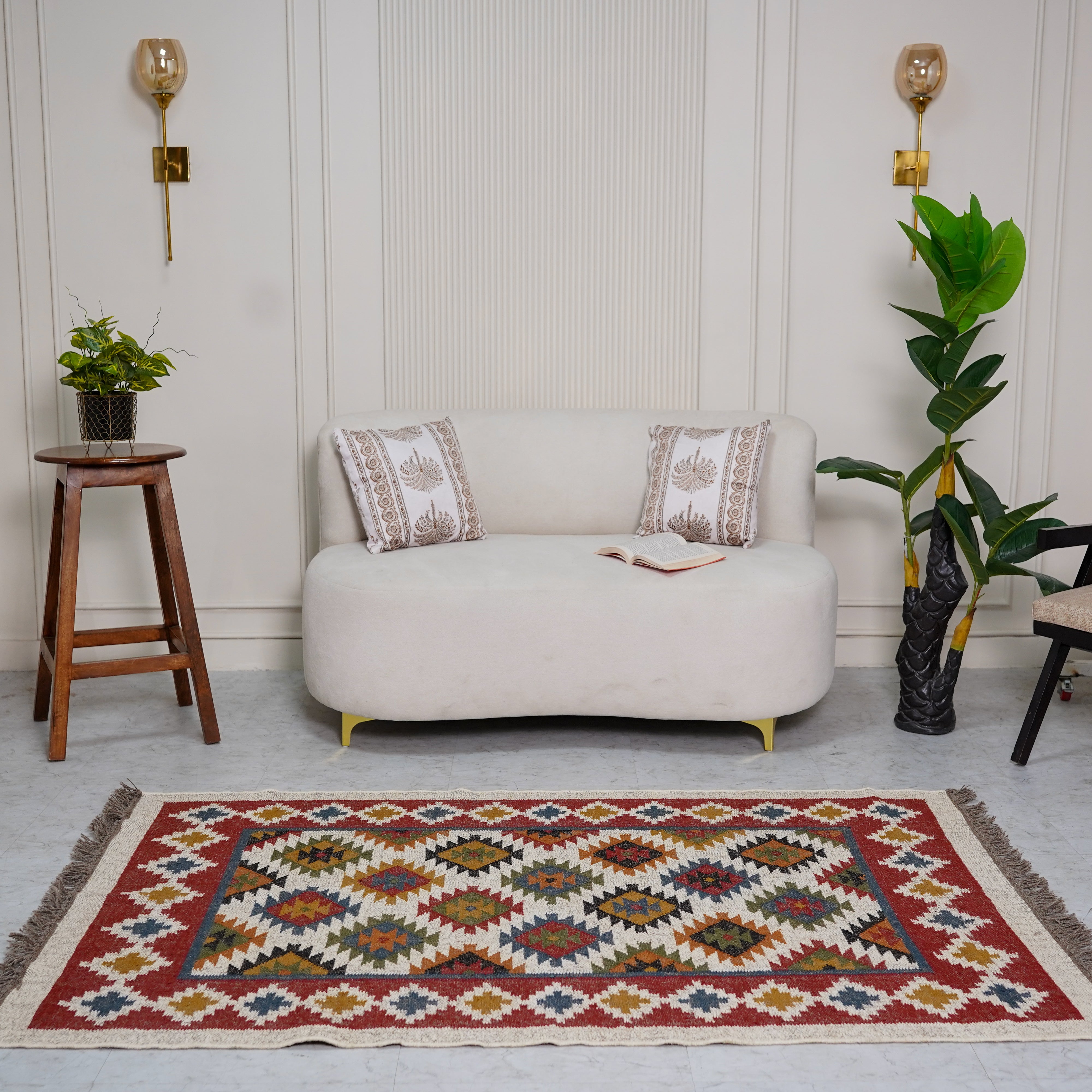 Geometric Kilim-Inspired Jute Wool Rug - Handcrafted Flatweave with Bold Tribal Pattern