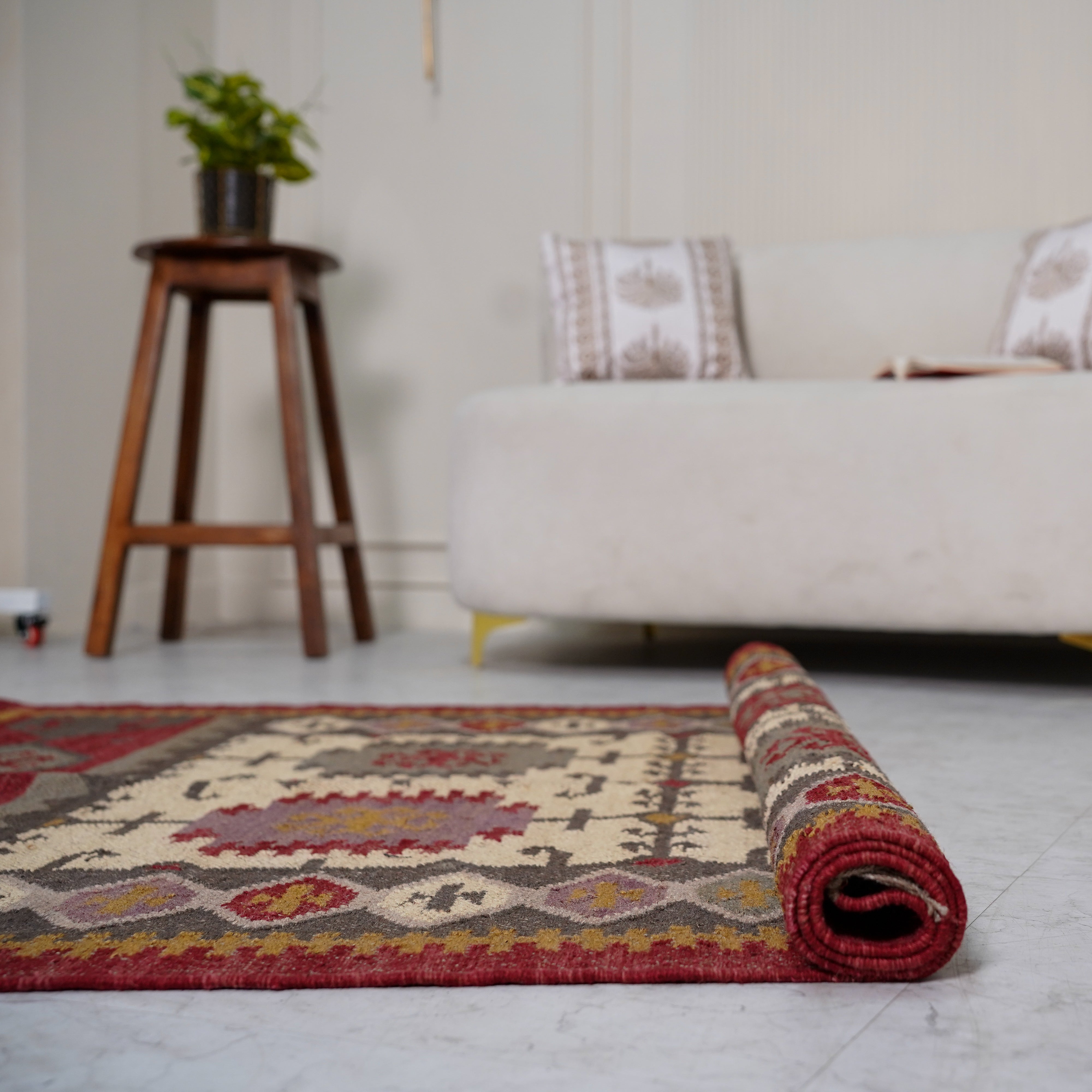 Rustic Red and Beige Jute-Wool Blend Flatweave Rug with Intricate Geometric Motifs