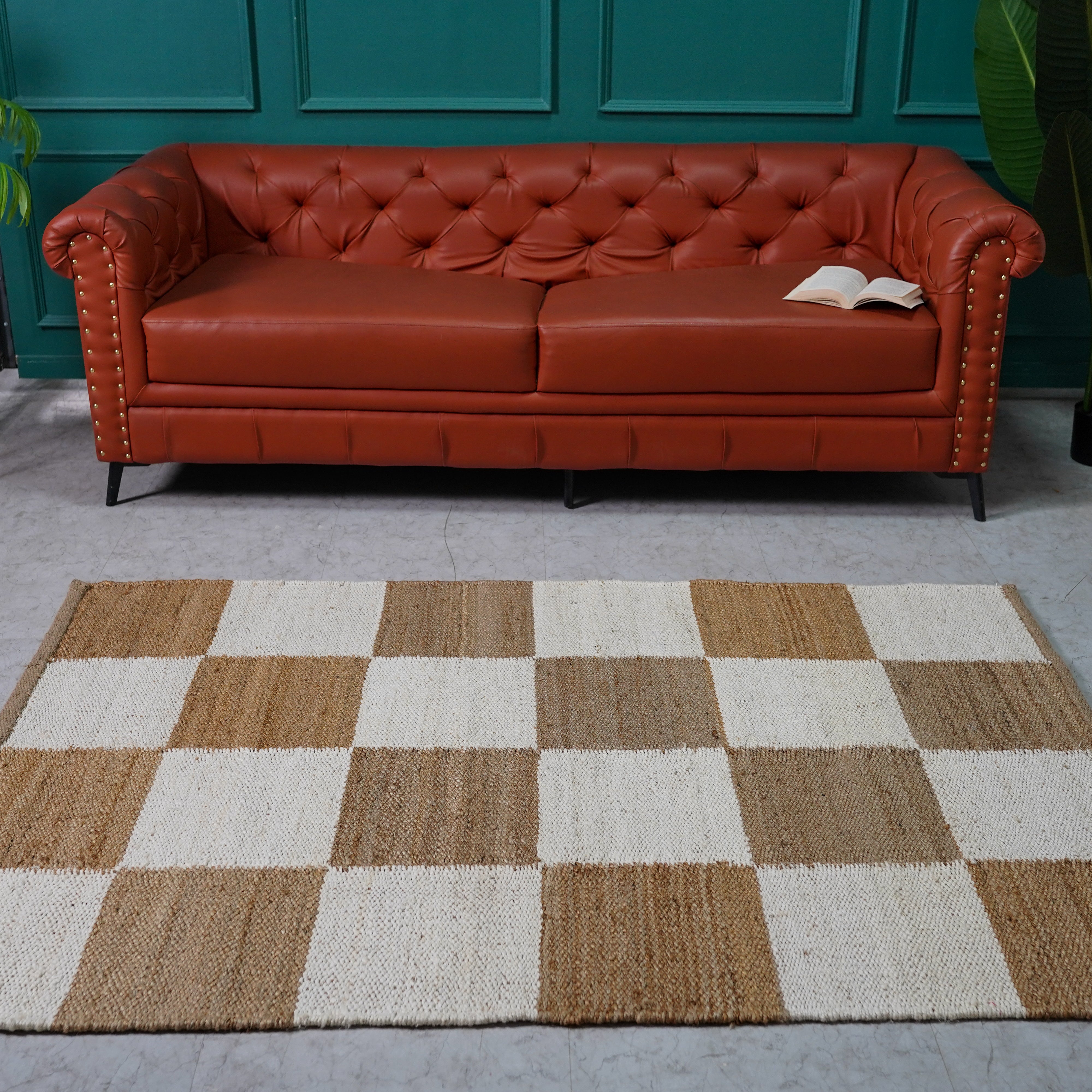 Handcrafted Natural Hemp Checkerboard Rug – Earthy Tones, Eco-Friendly Design