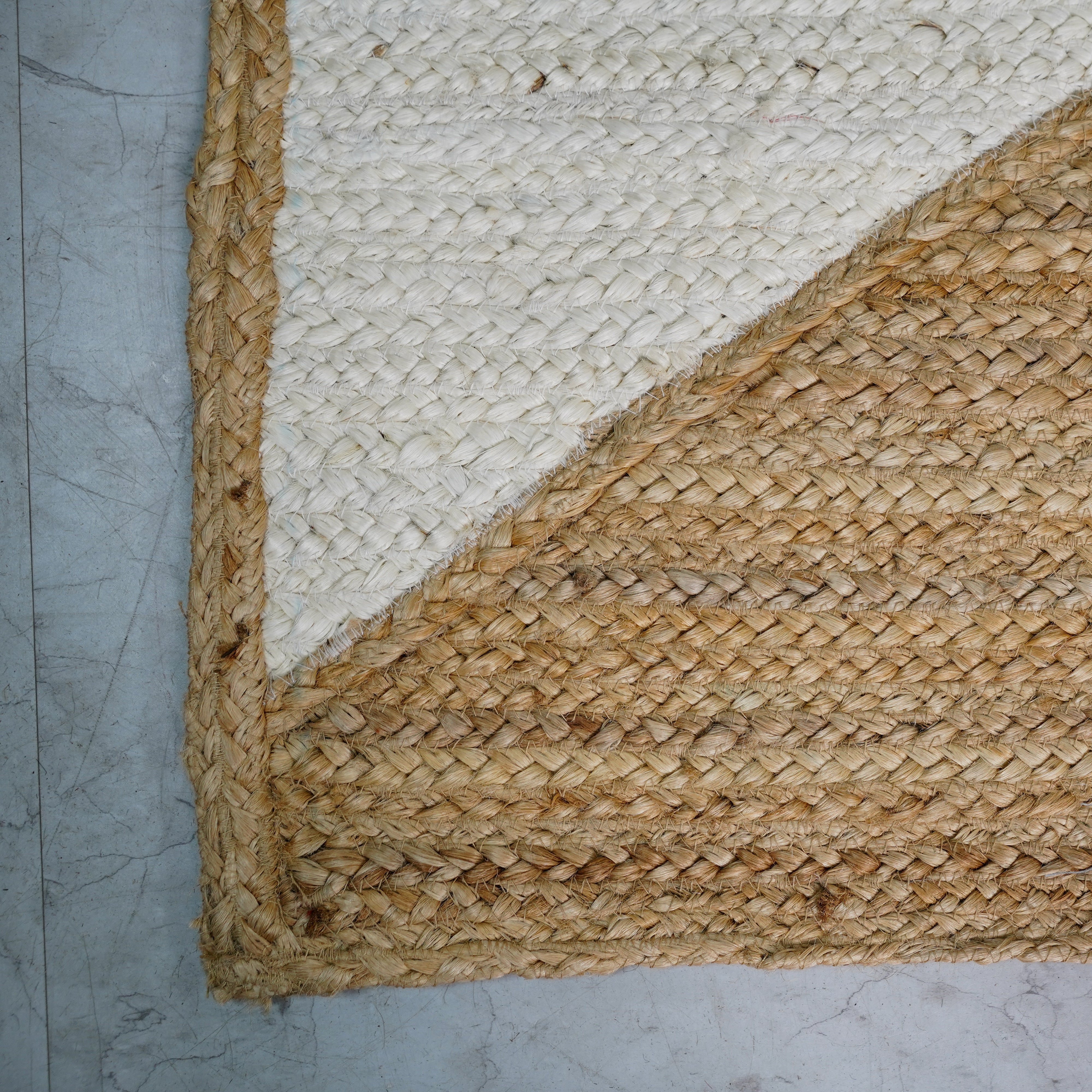 Modern Geometric Natural Hemp Rug - Handwoven Flatweave with Ivory Accents