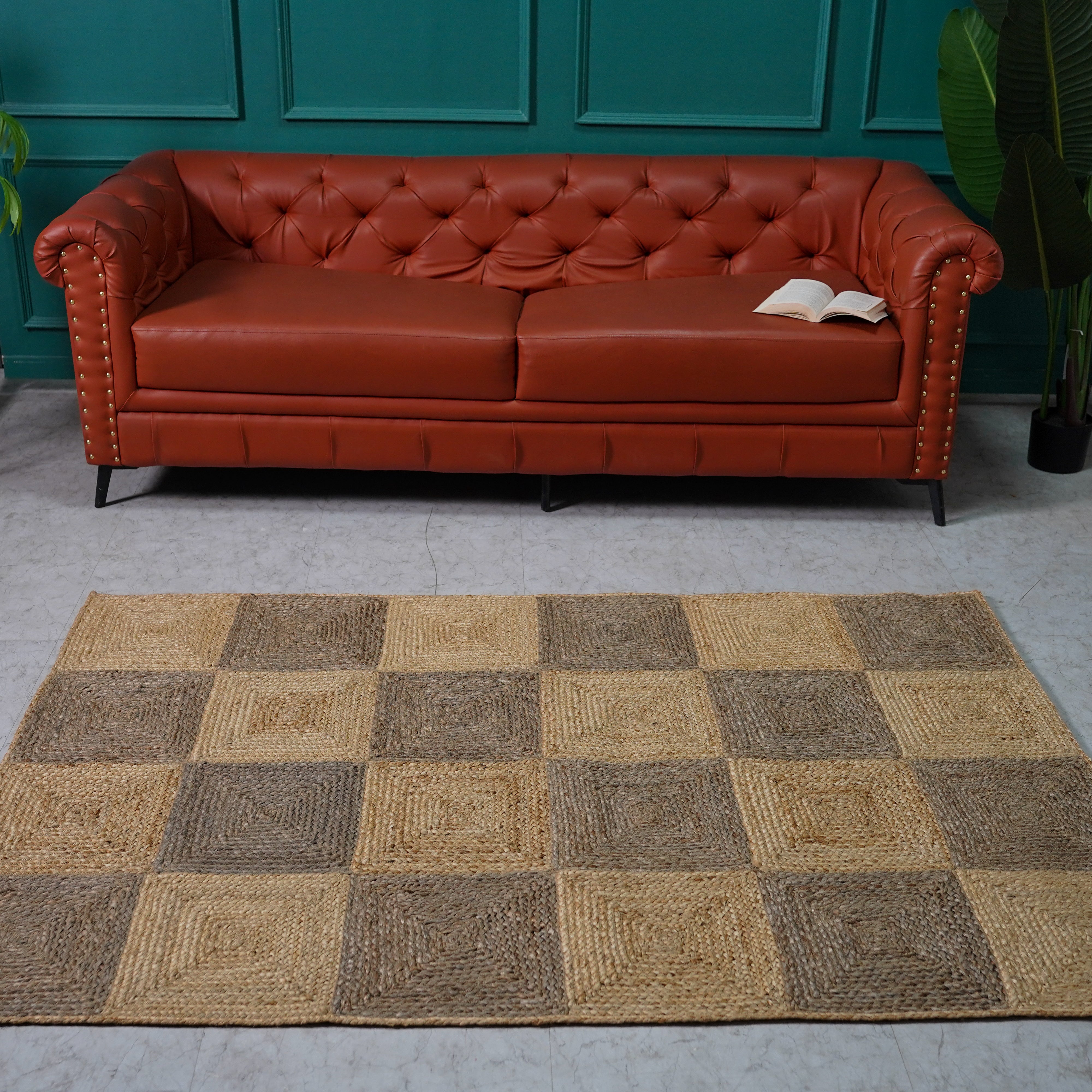 Rustic Checkered Hemp Rug – Handcrafted with Natural Tones and Durable Flatweave