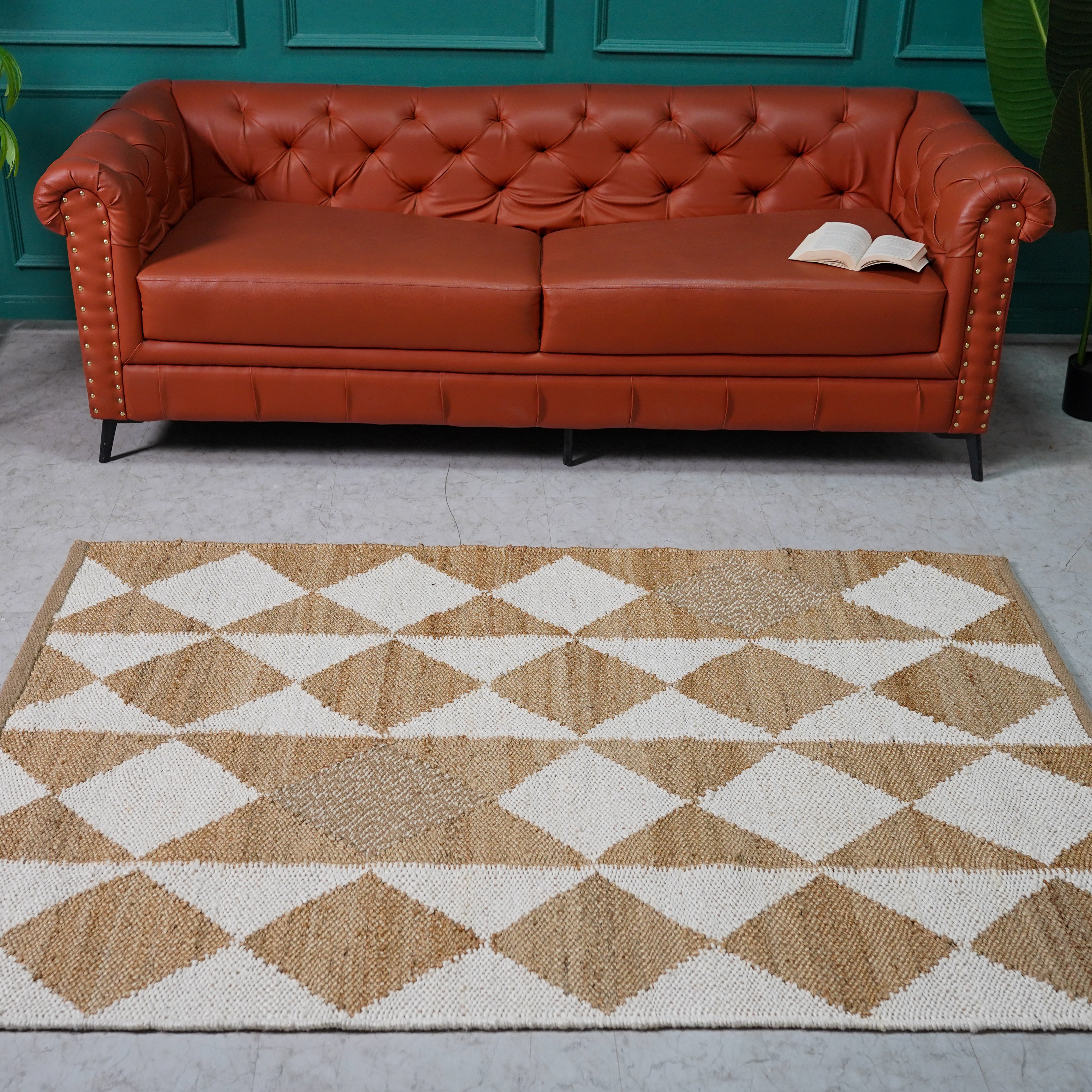 Geometric Handwoven Hemp Rug - Natural & White Diamond Pattern Flatweave