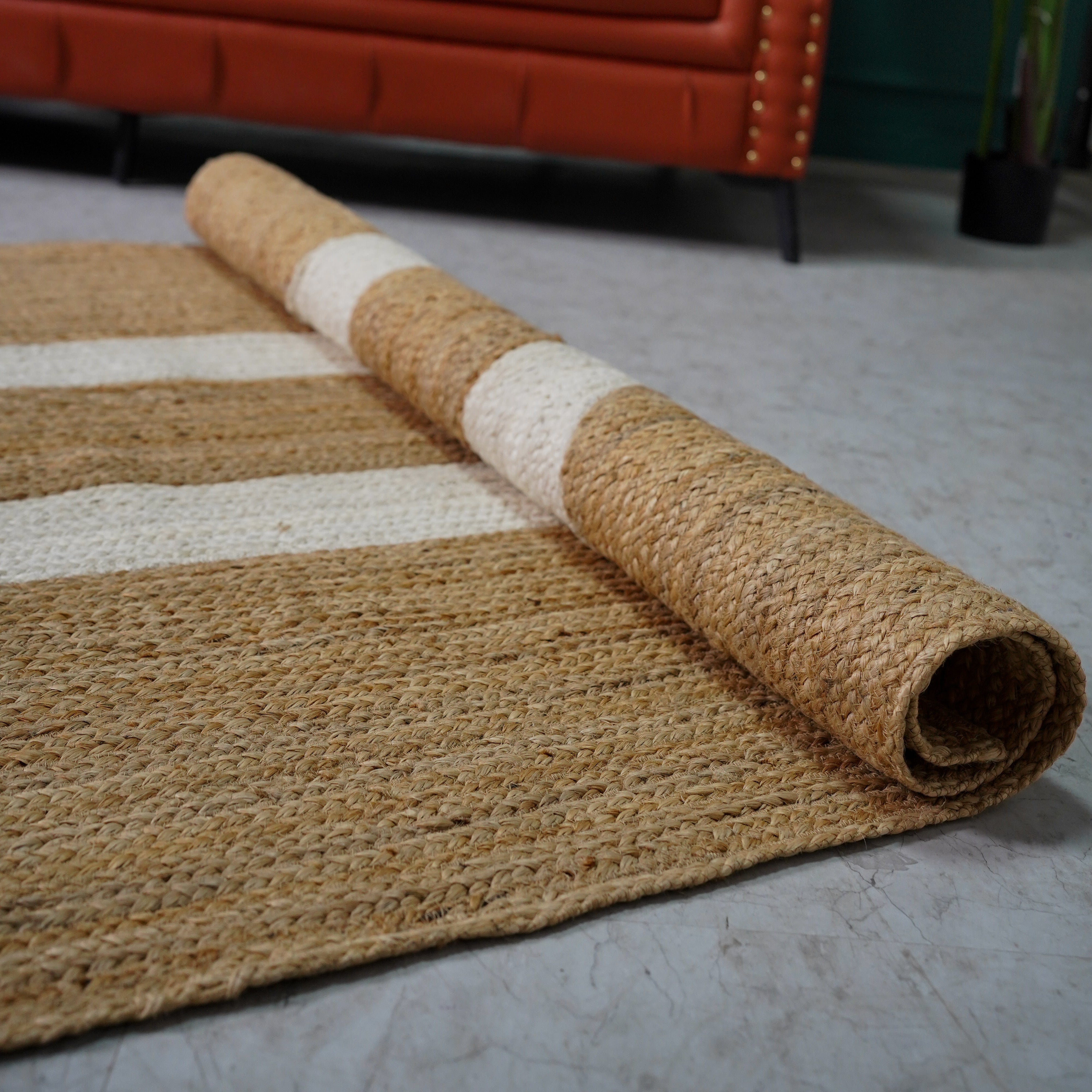 Modern Geometric Natural Hemp Rug - Handwoven Flatweave with Ivory Accents