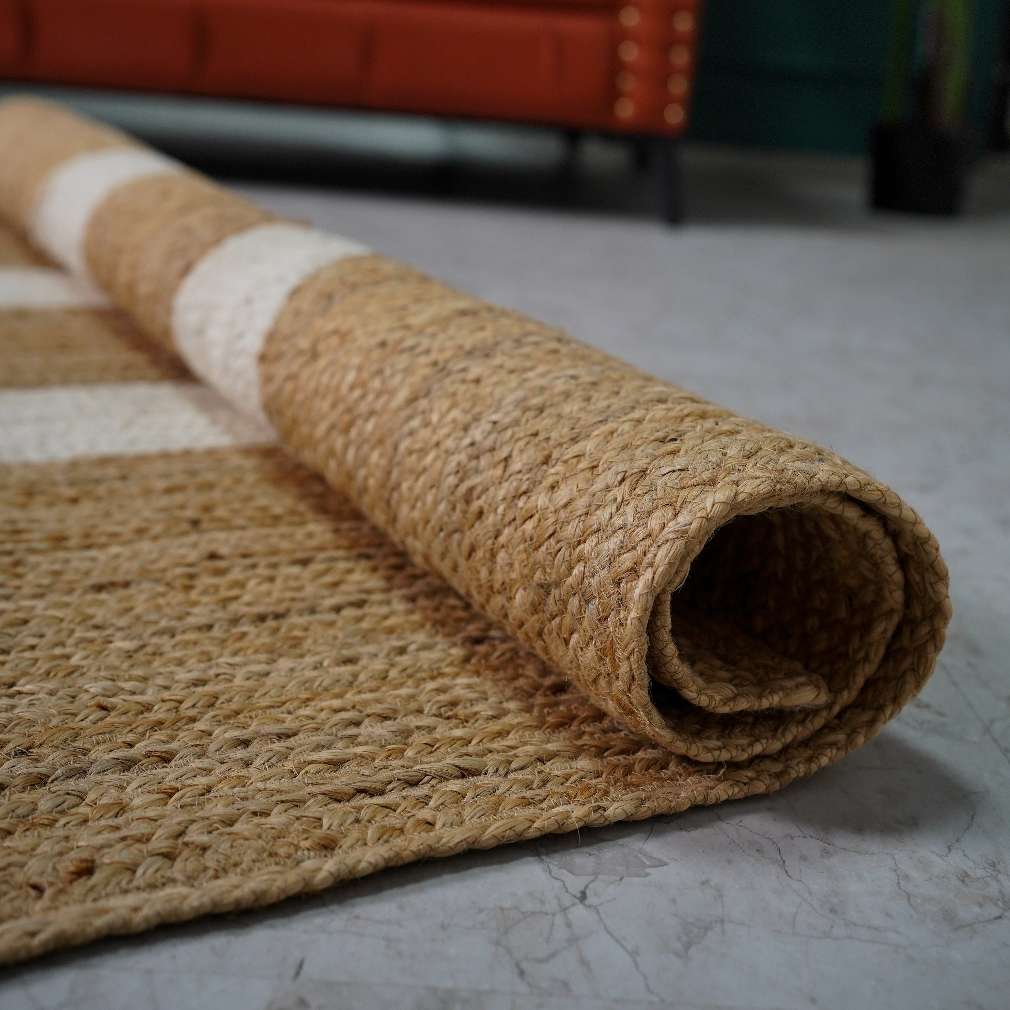 Modern Geometric Natural Hemp Rug - Handwoven Flatweave with Ivory Accents