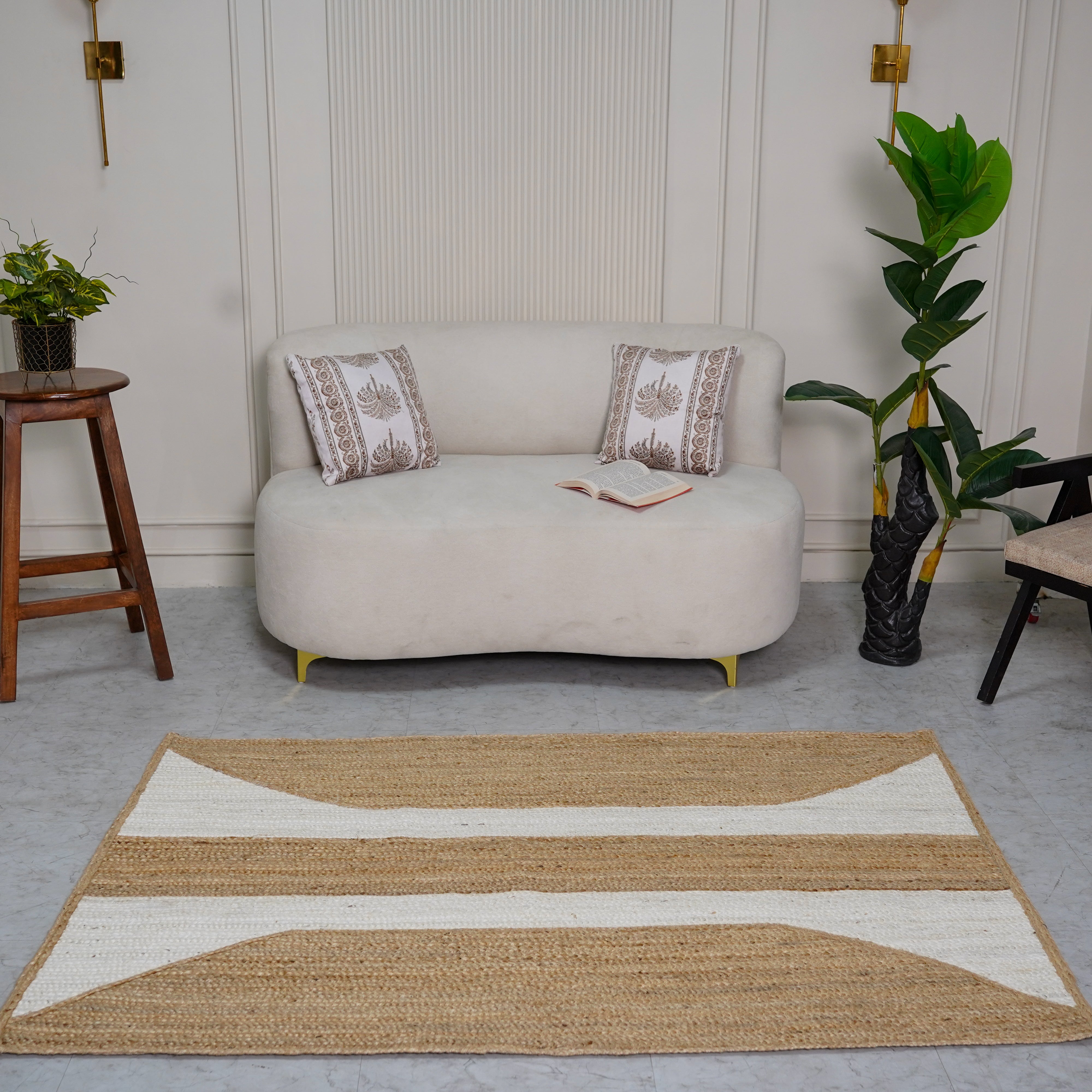 Modern Geometric Natural Hemp Rug - Handwoven Flatweave with Ivory Accents