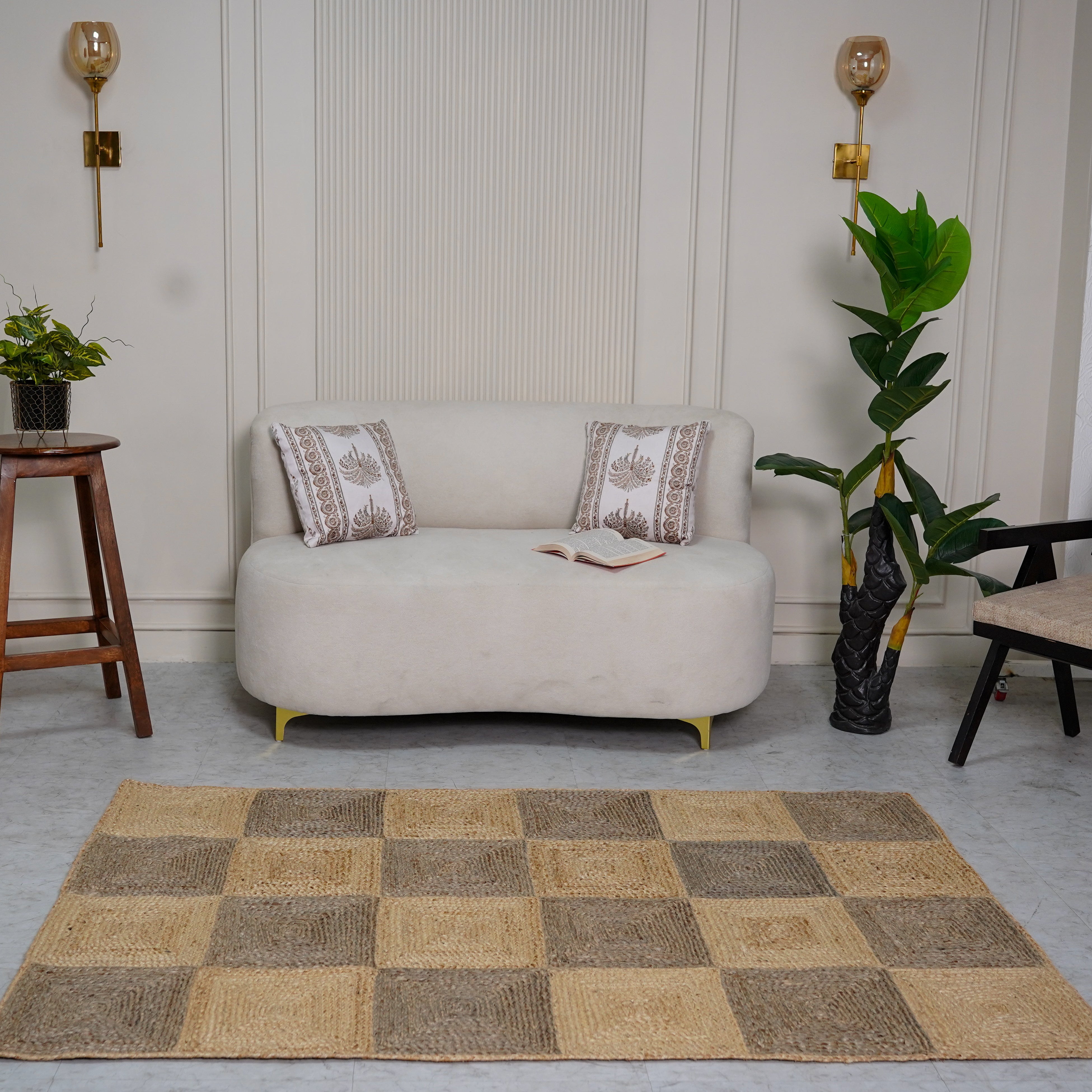 Rustic Checkered Hemp Rug – Handcrafted with Natural Tones and Durable Flatweave