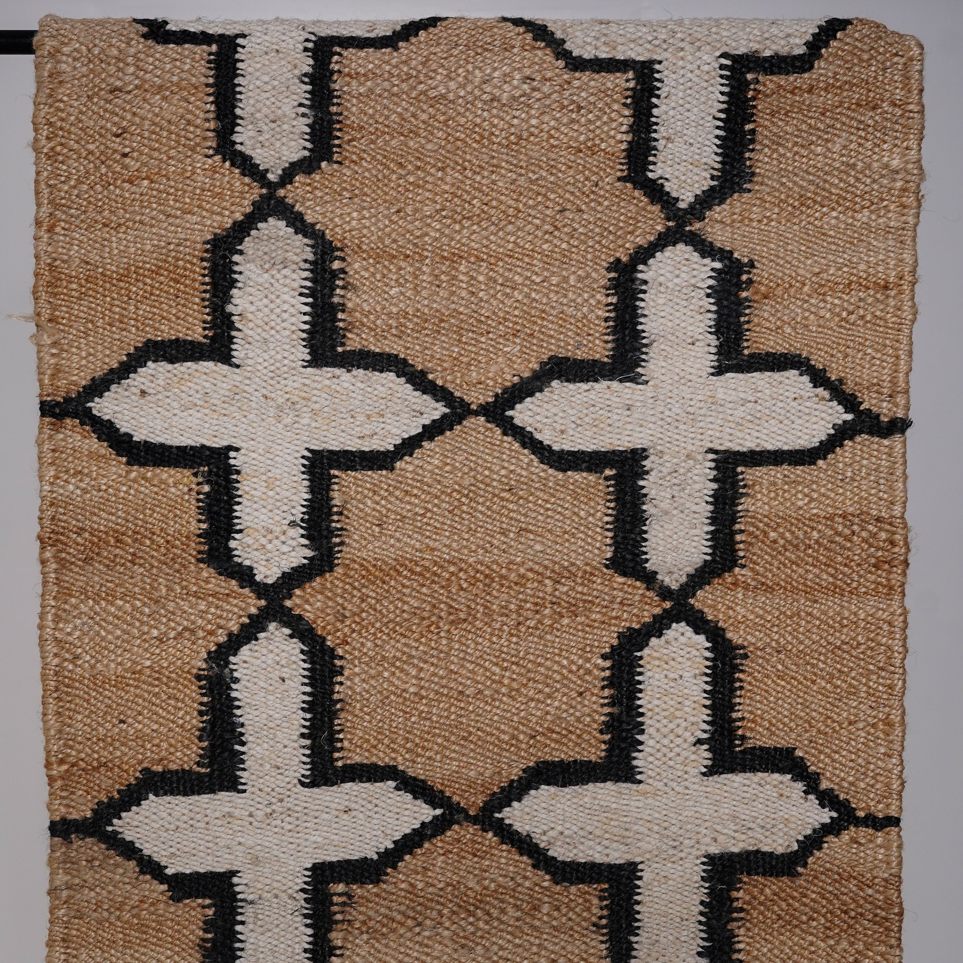 Geometric Cross Pattern Handcrafted Hemp Rug - Natural & Black Flatweave Design