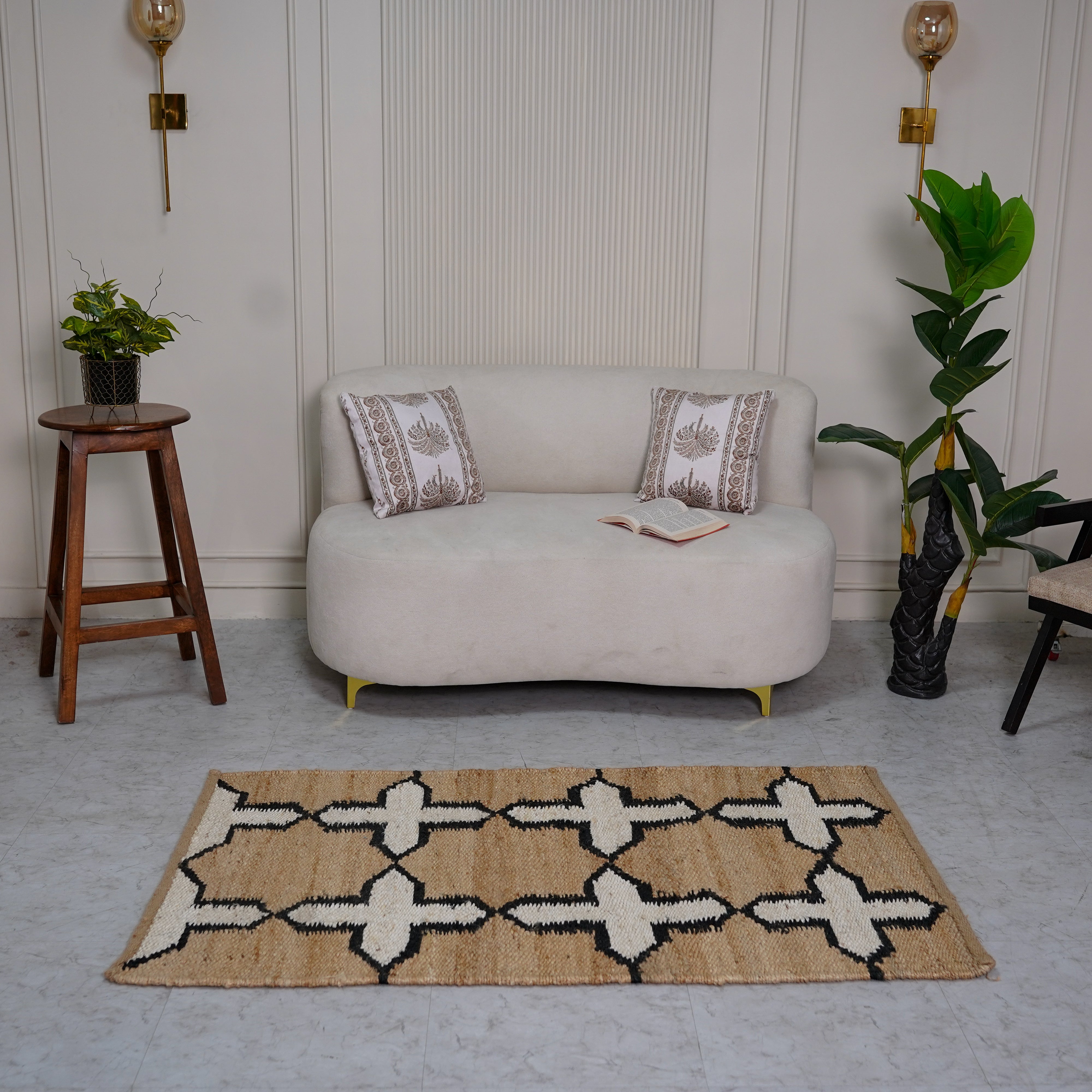 Geometric Cross Pattern Handcrafted Hemp Rug - Natural & Black Flatweave Design