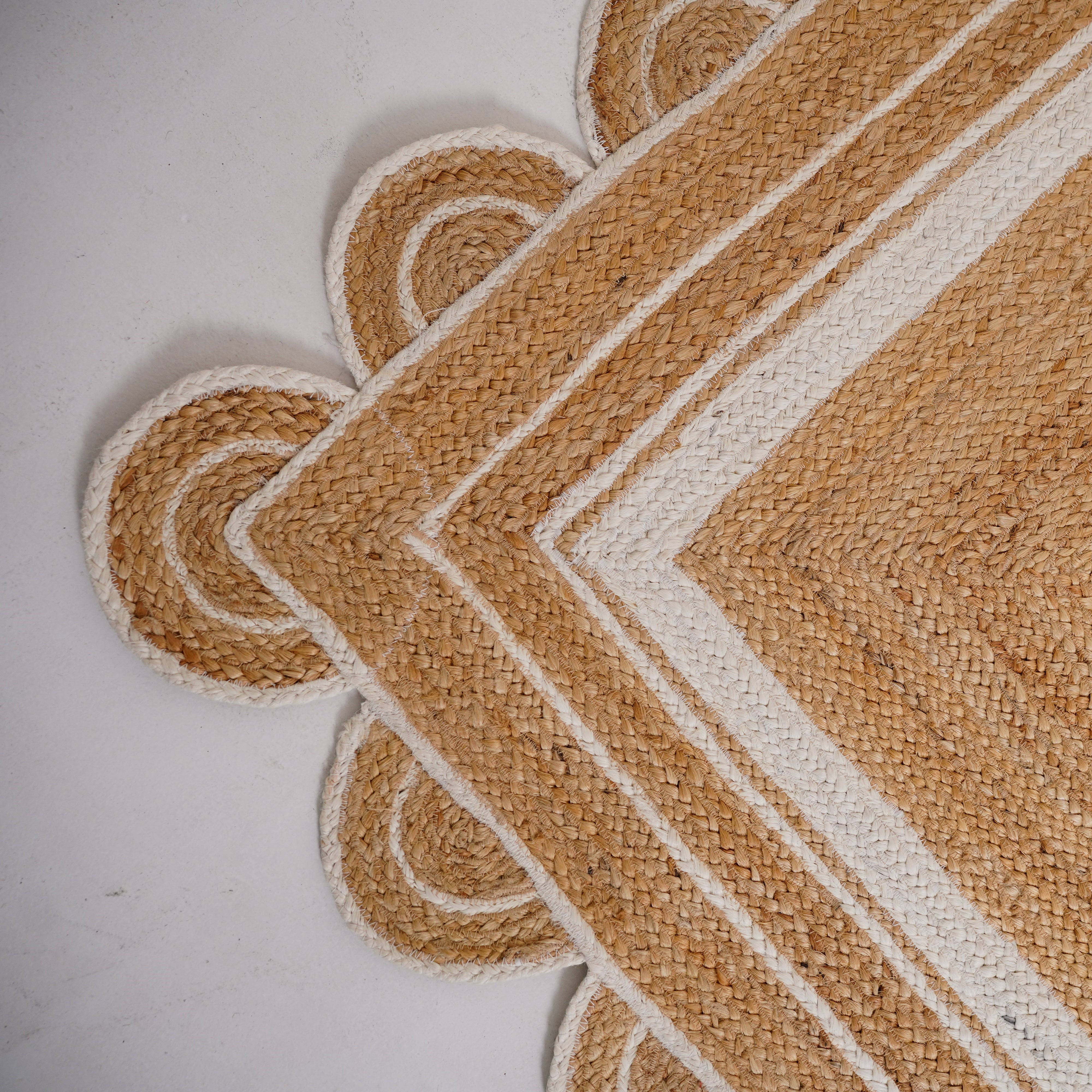 Scalloped Edged Handwoven Hemp Area Rug - Natural & Ivory Accents