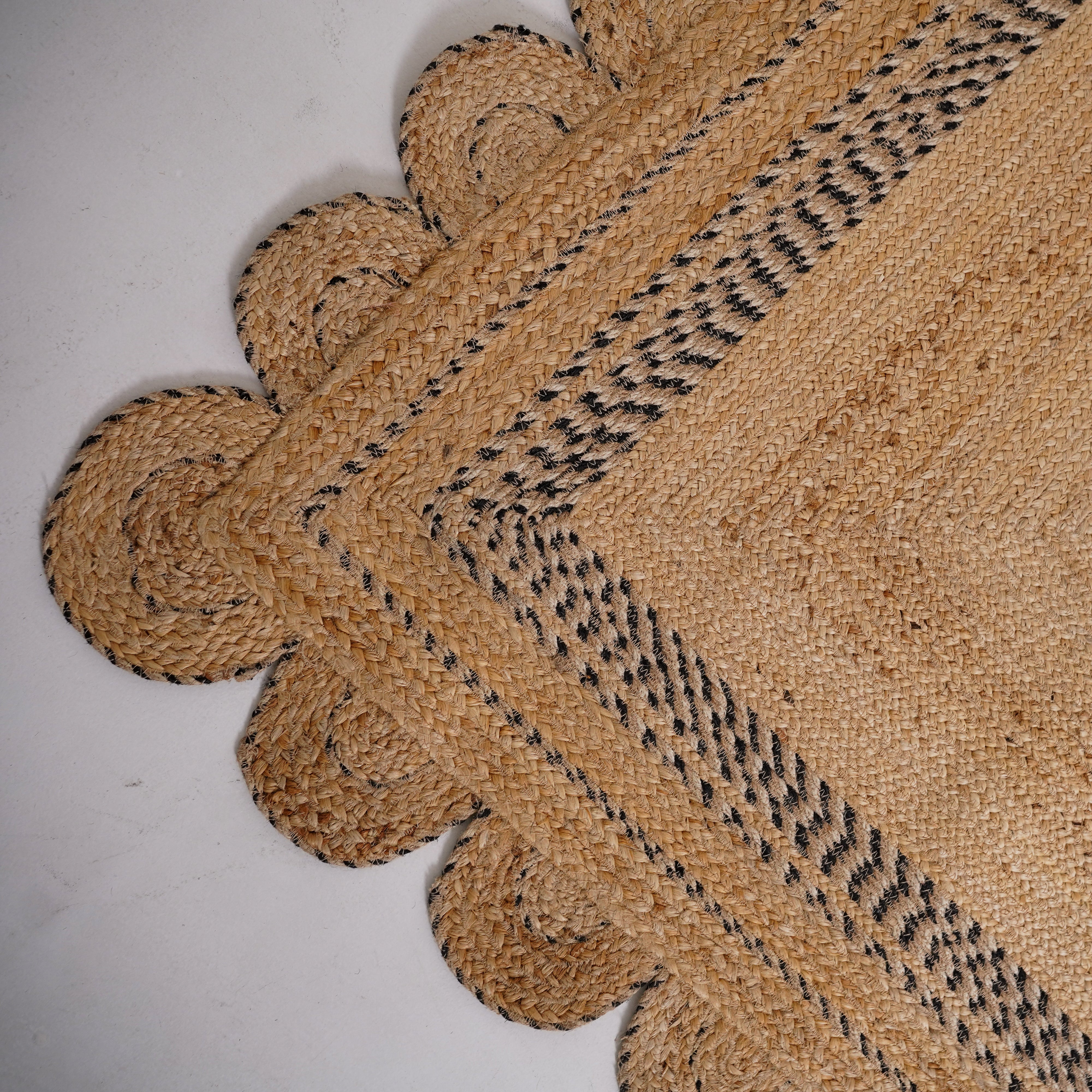 Handwoven Scalloped Border Hemp Area Rug with Charcoal Accents - Natural Boho Charm