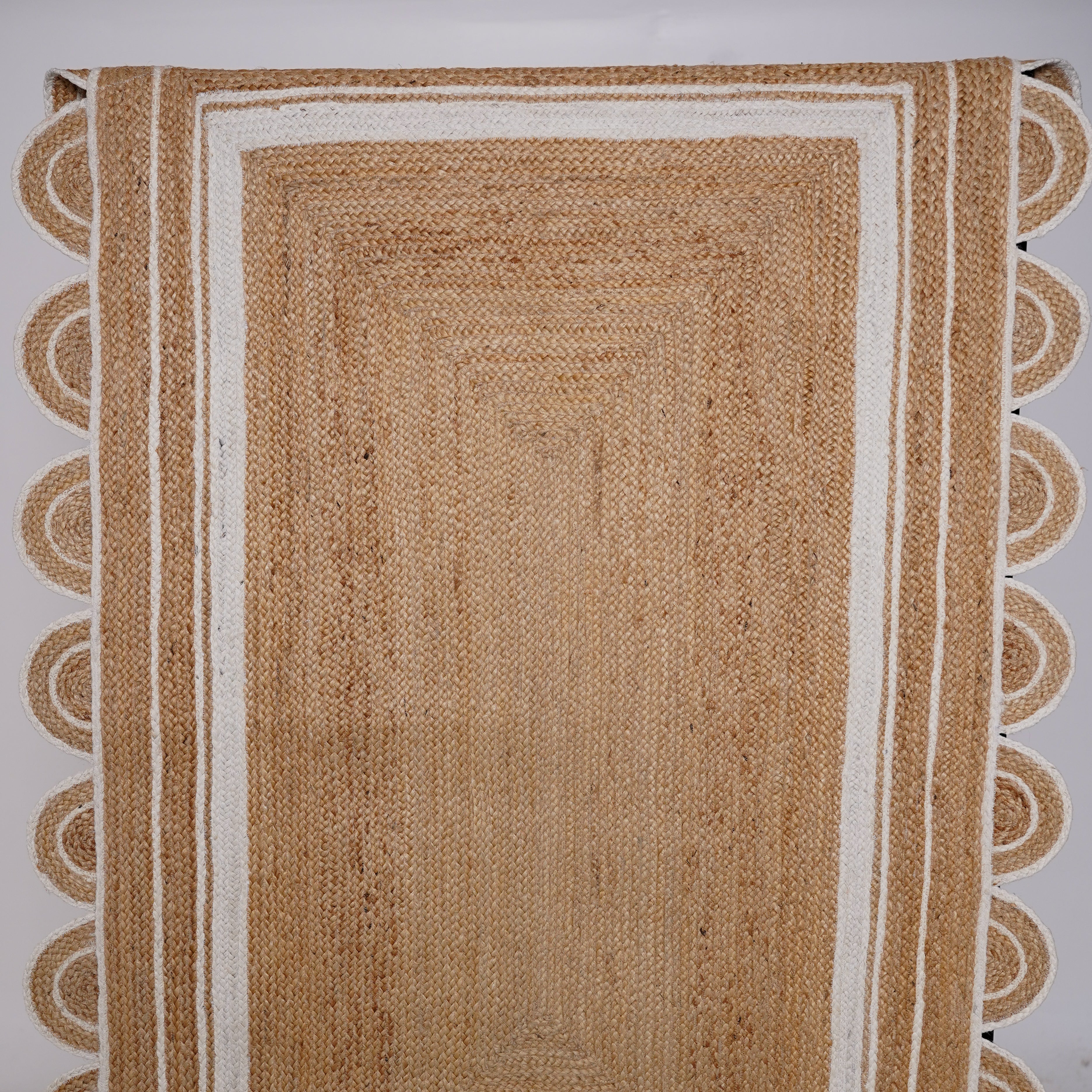 Scalloped Edged Handwoven Hemp Area Rug - Natural & Ivory Accents