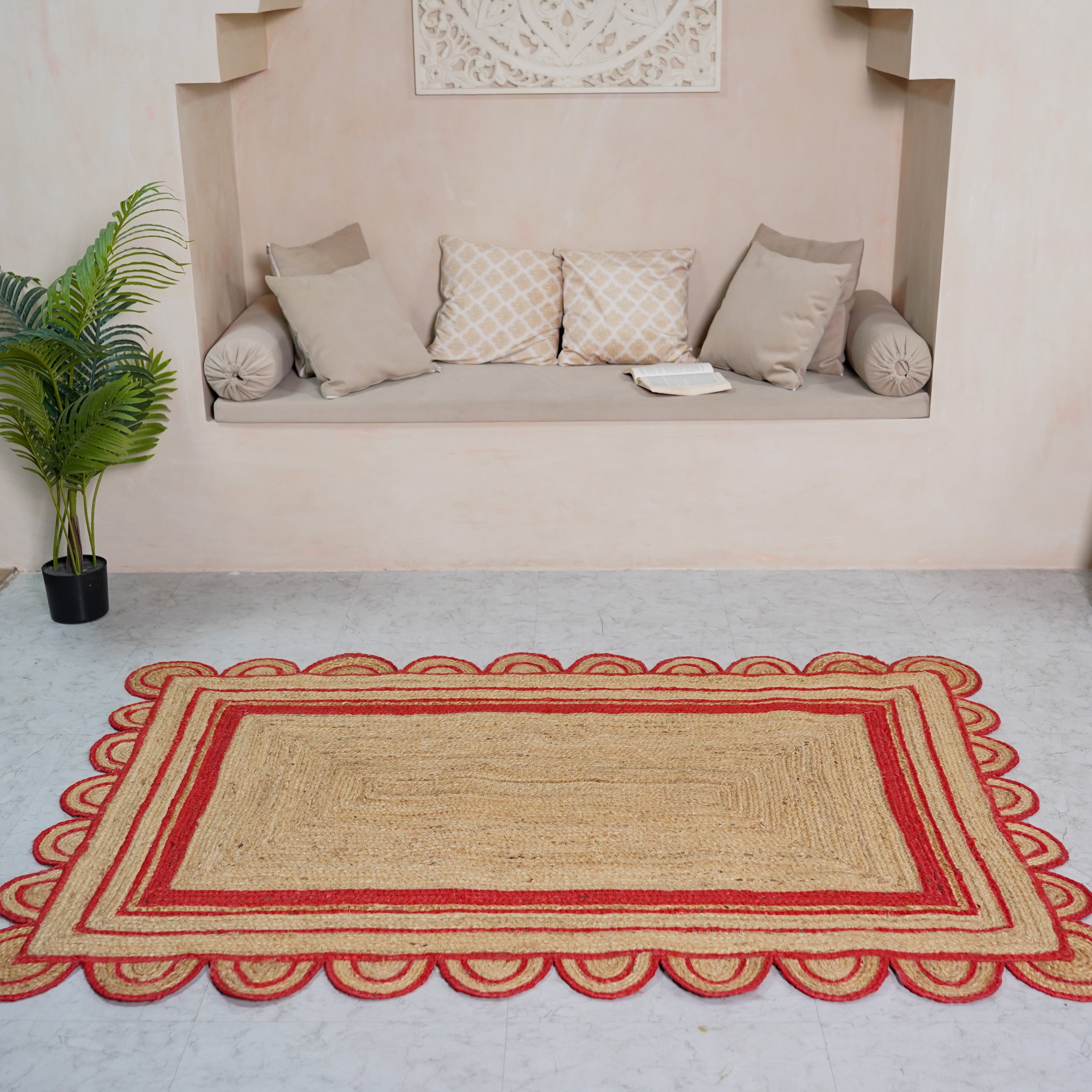 Handcrafted Scalloped Hemp Area Rug with Red Trim – Natural Charm for Modern Spaces