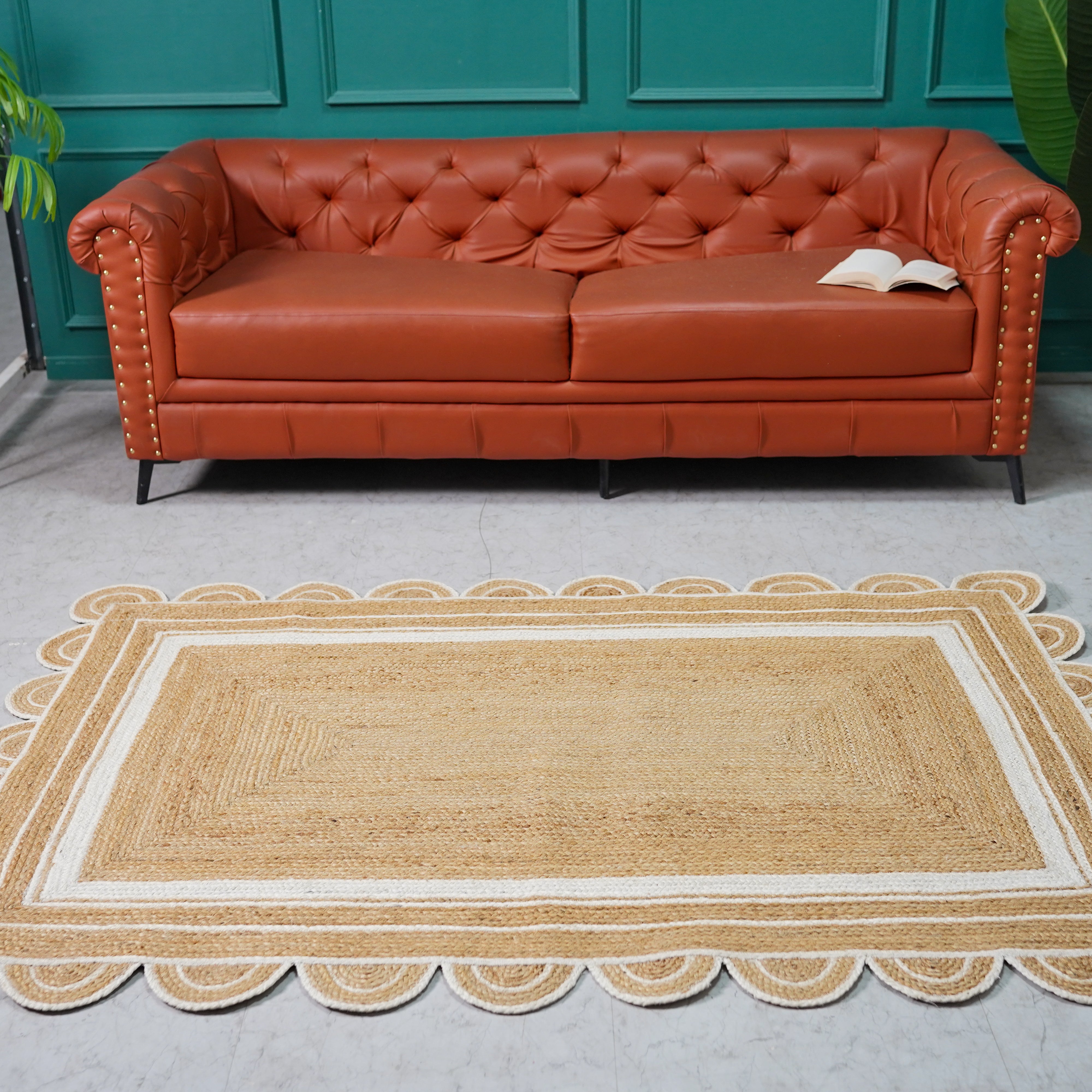 Scalloped Edged Handwoven Hemp Area Rug - Natural & Ivory Accents