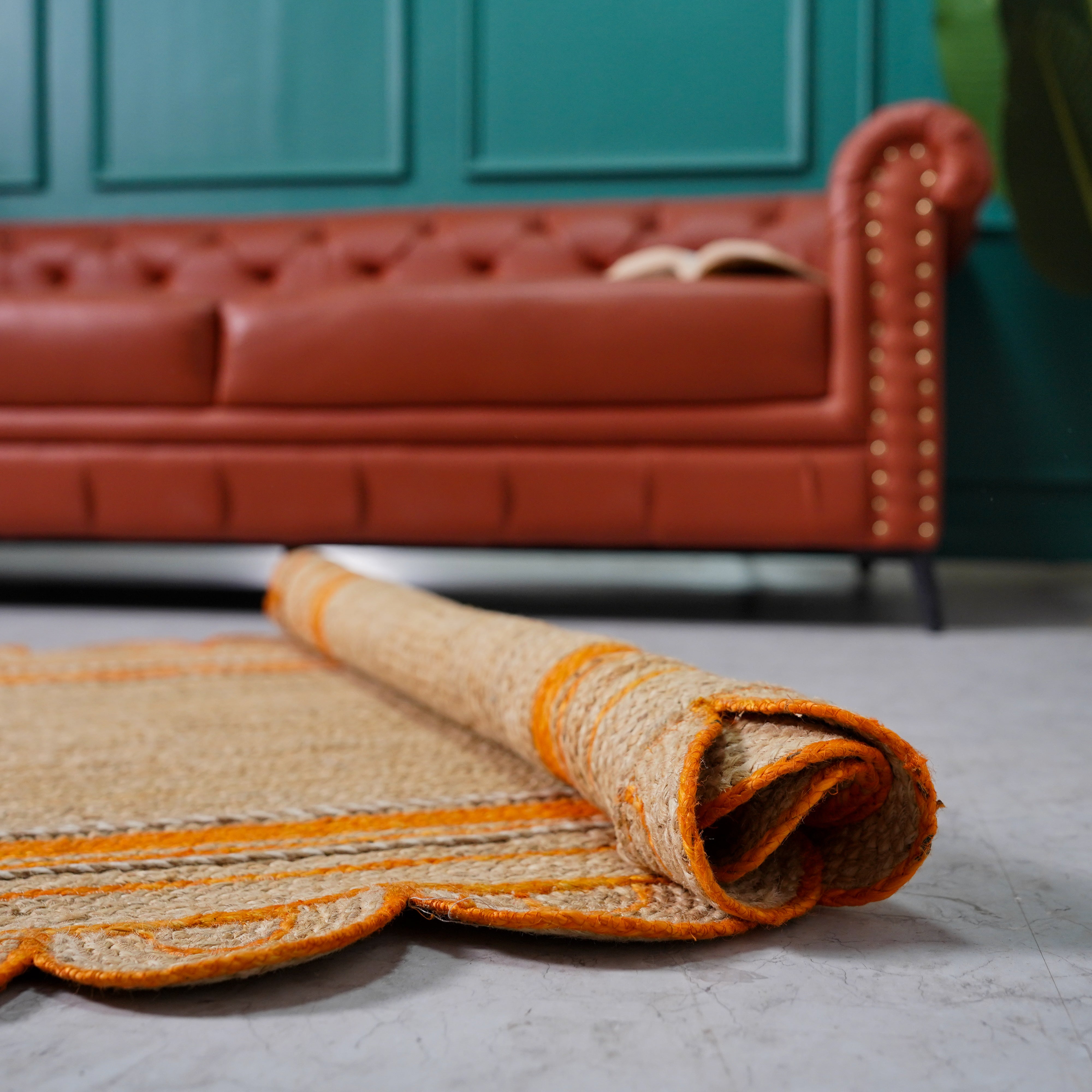 Handcrafted Scalloped Hemp Rug with Vibrant Orange Trim – Natural Elegance