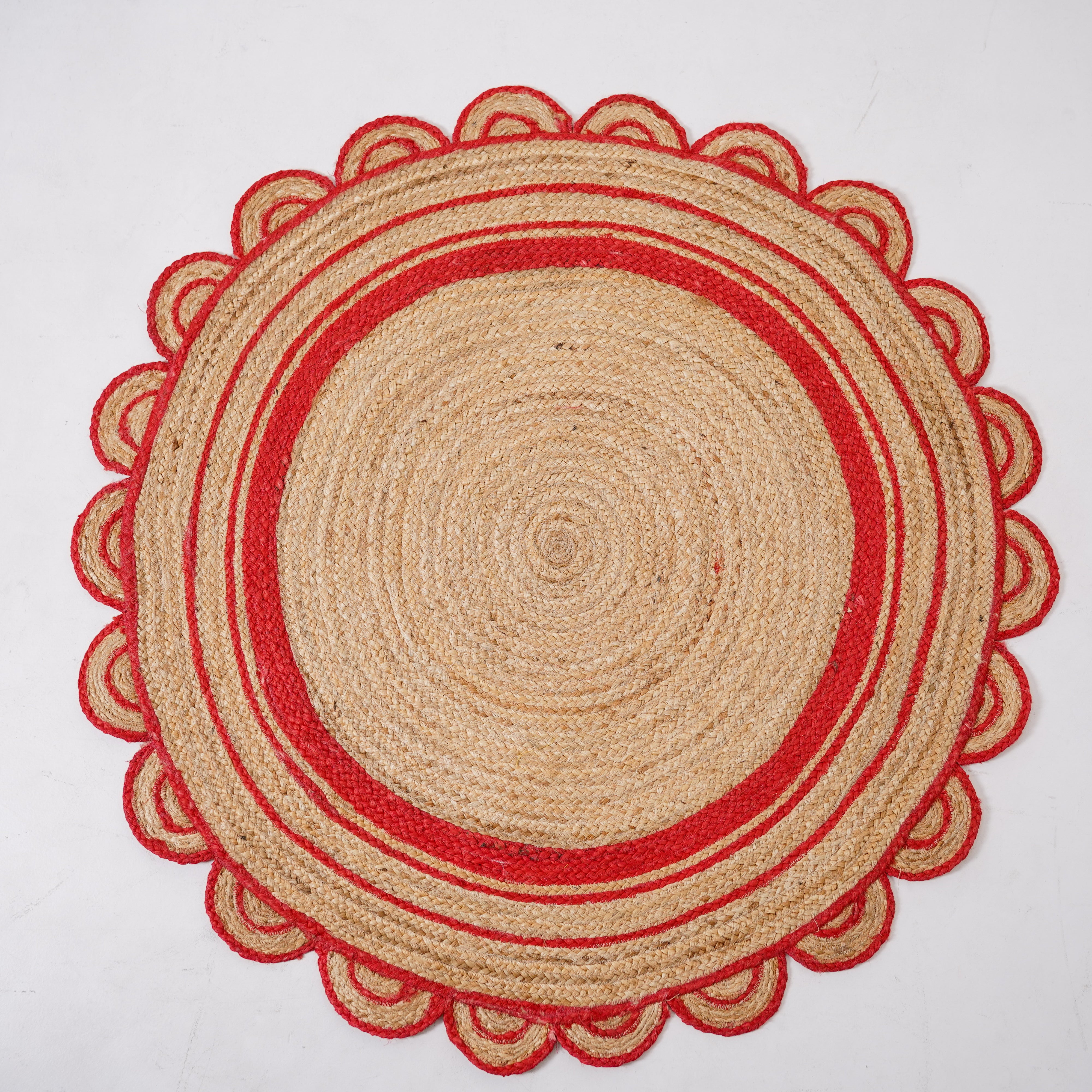 Natural Hemp Round Rug with Scalloped Edges and Hand braided Red Accents – Eco-Friendly, Handcrafted Floor Décor