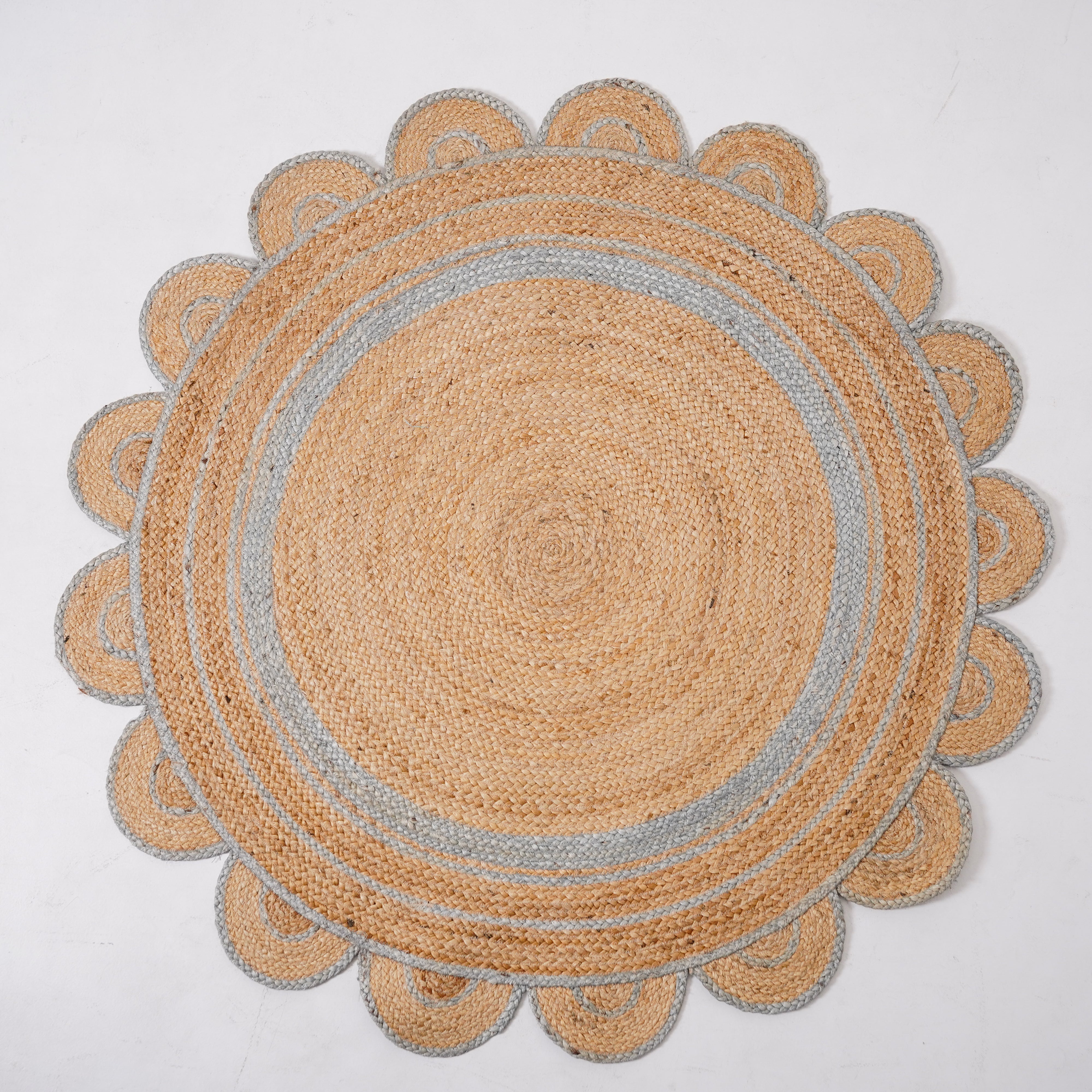 Natural Hemp Scalloped Round Area Rug with Elegant Grey Accents | Hand braided Eco-Friendly Rug