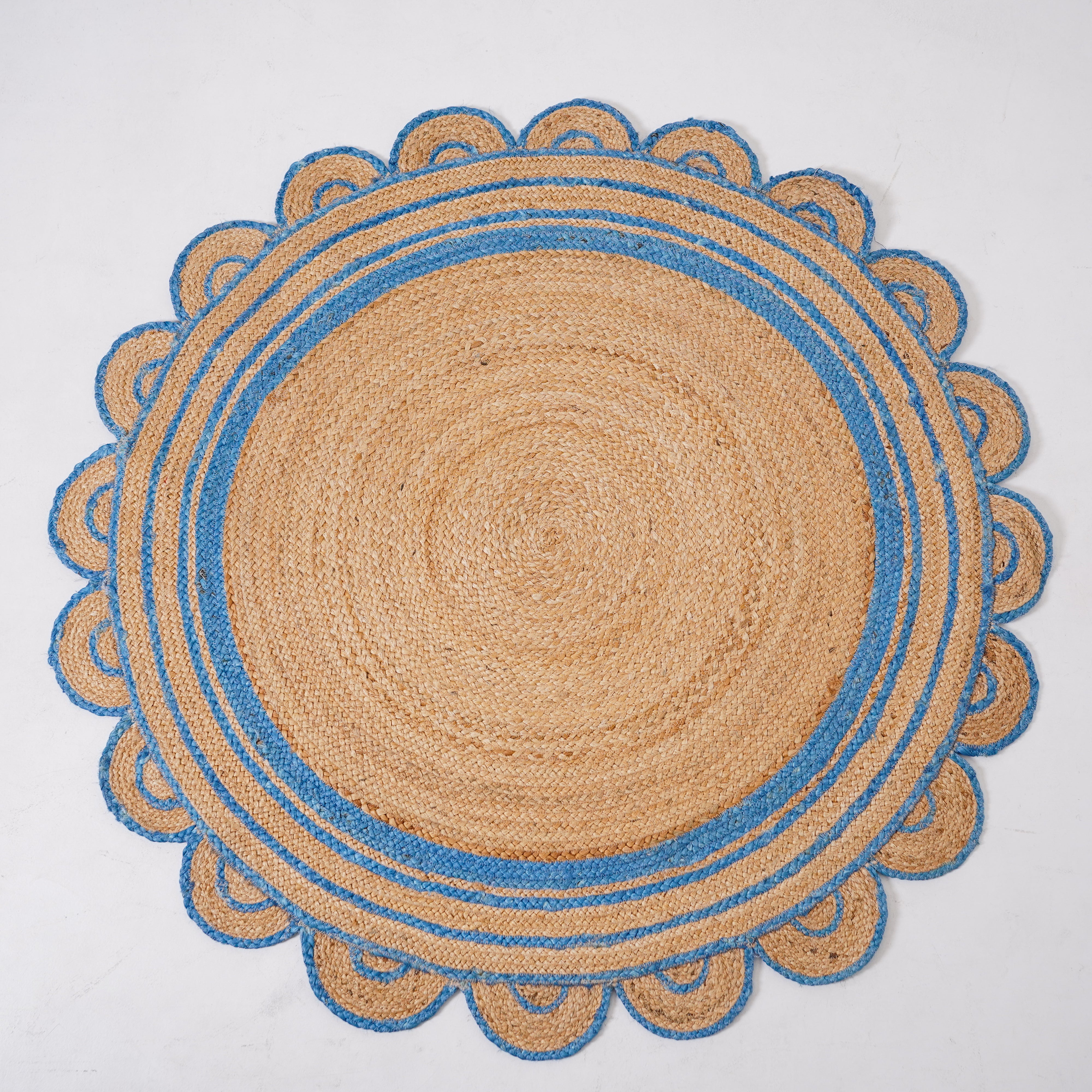 Handcrafted Round Hemp Rug with Scalloped Edge in Blue Accents