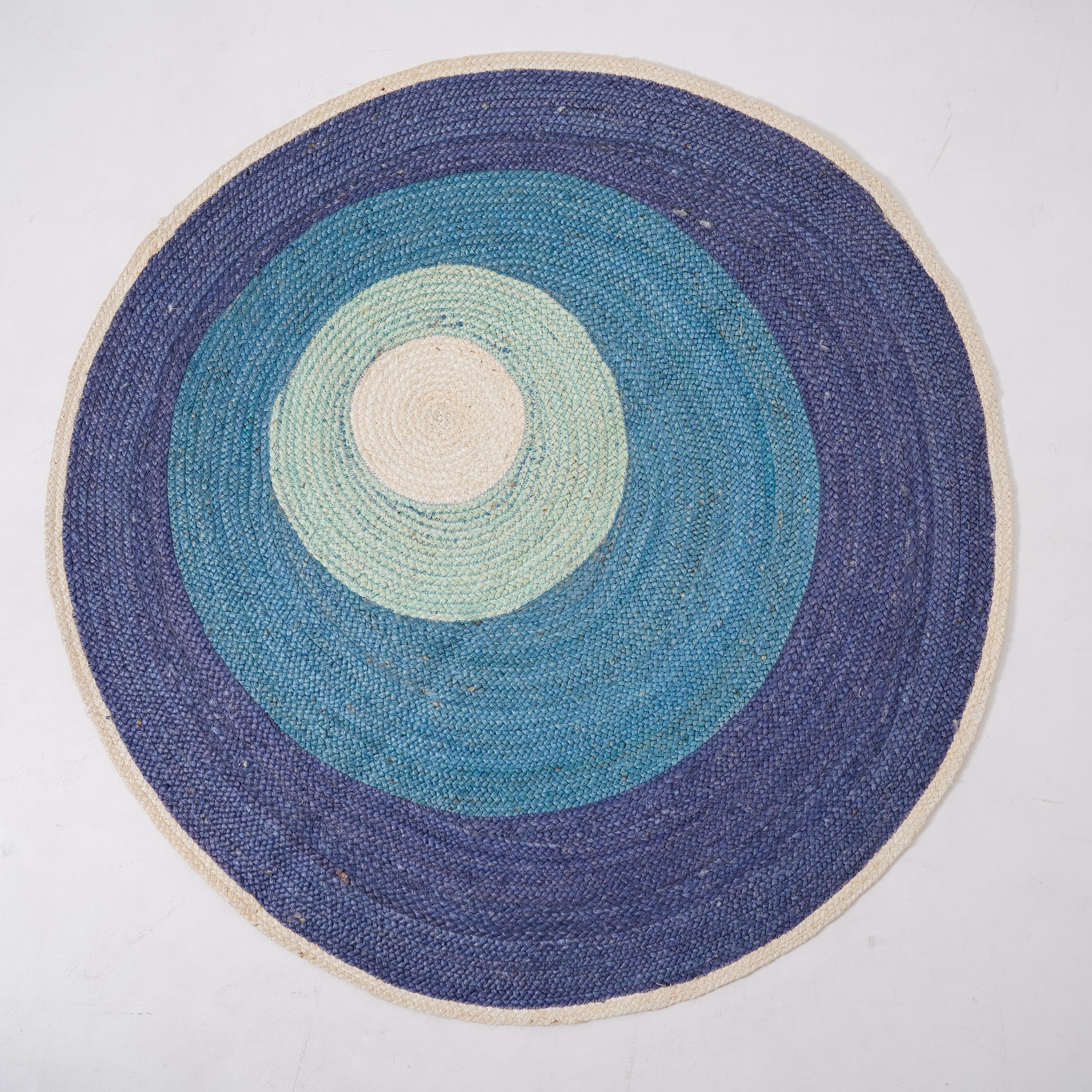 Hand braided Hemp Round Rug with Vibrant Blue Gradients