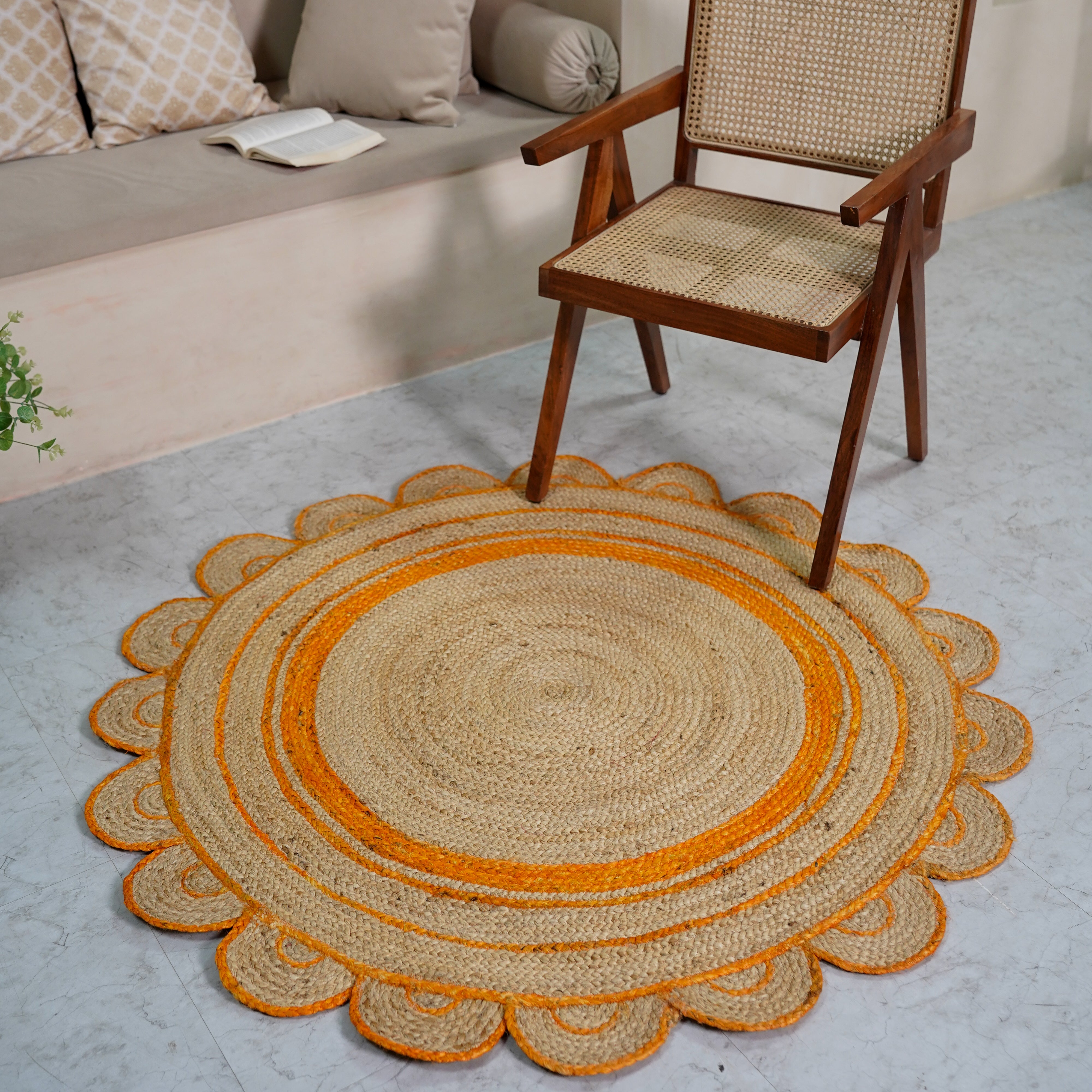 Hand-Braided Scalloped Round Hemp Area Rug with Warm Orange Accent | Natural Fiber Boho Rug