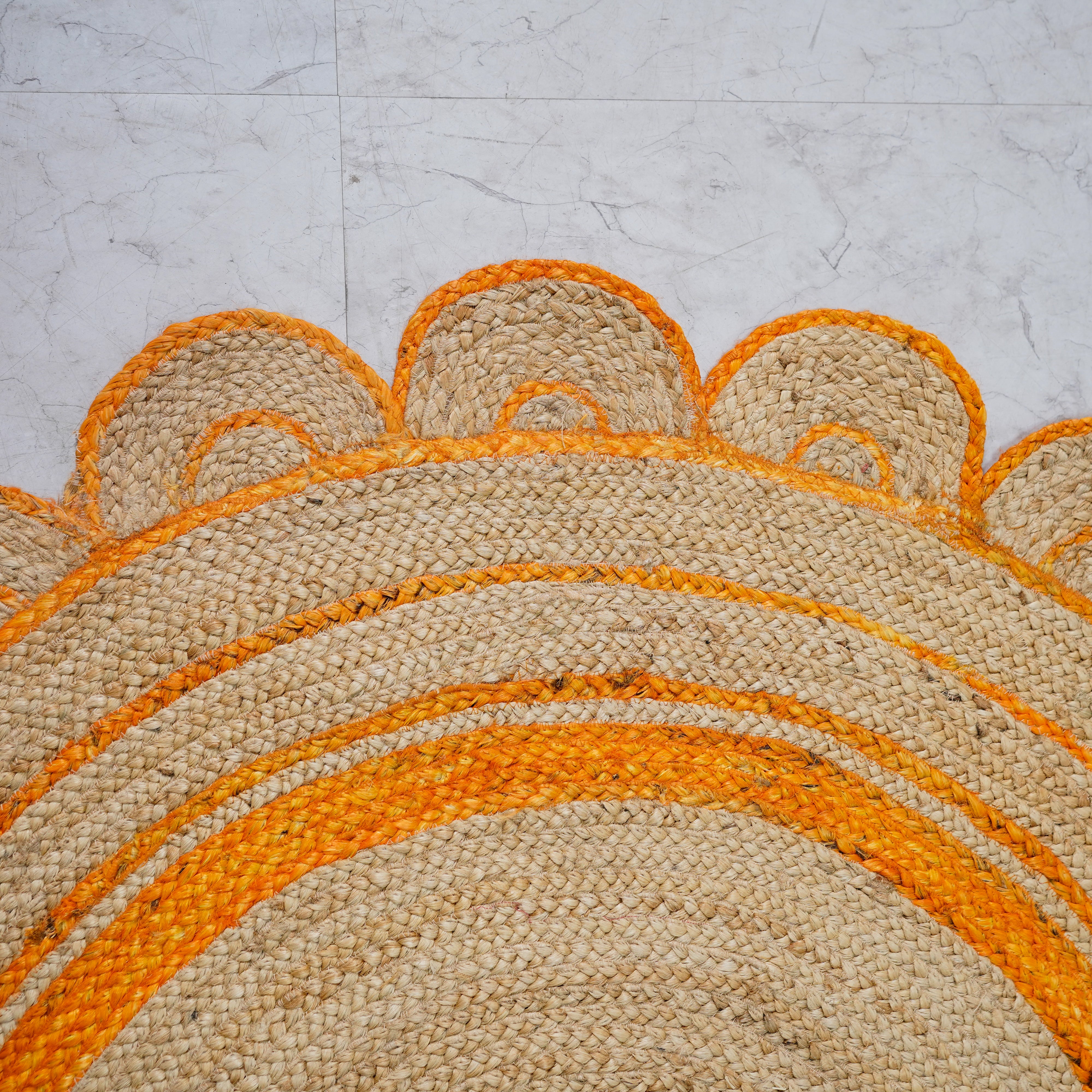 Hand-Braided Scalloped Round Hemp Area Rug with Warm Orange Accent | Natural Fiber Boho Rug