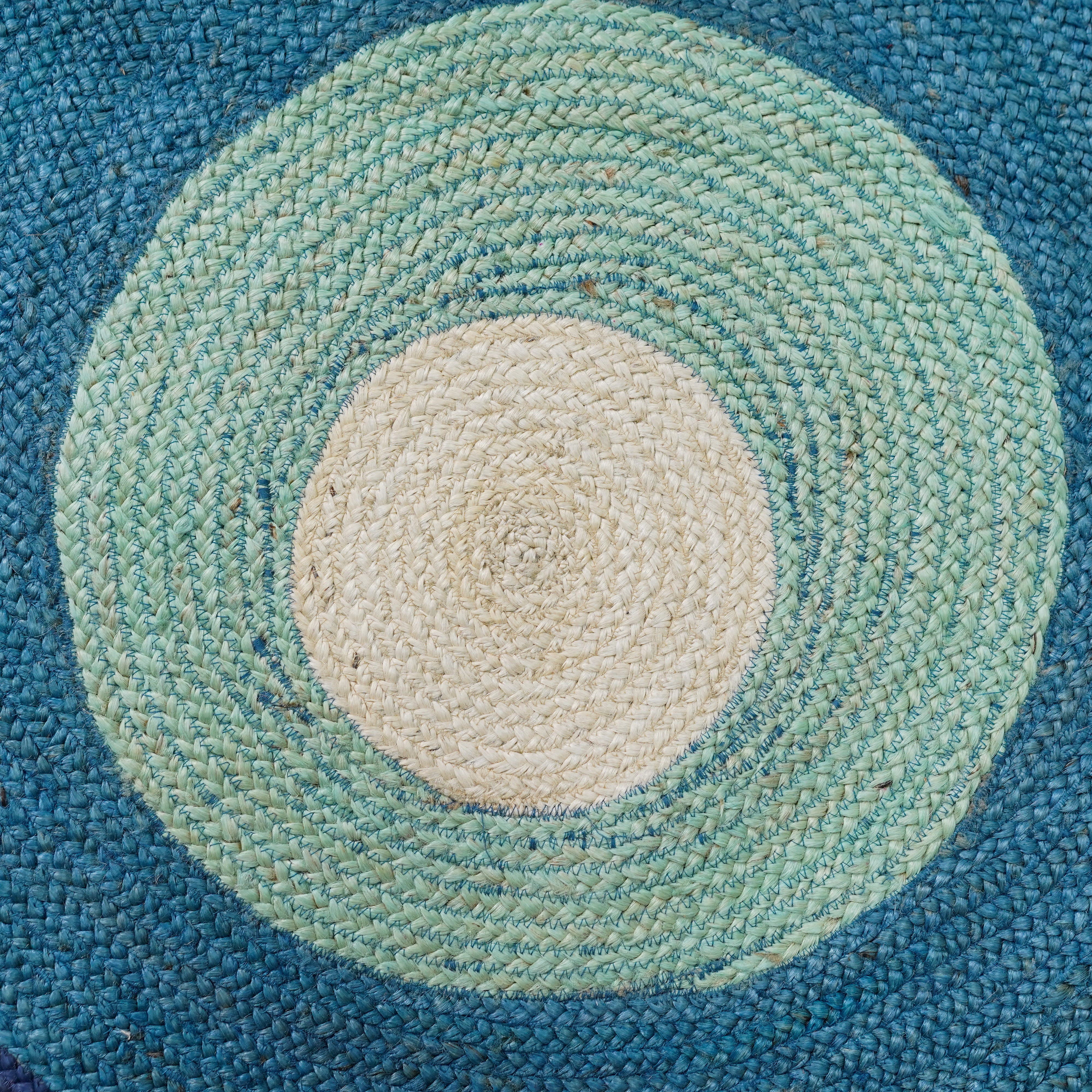 Hand braided Hemp Round Rug with Vibrant Blue Gradients