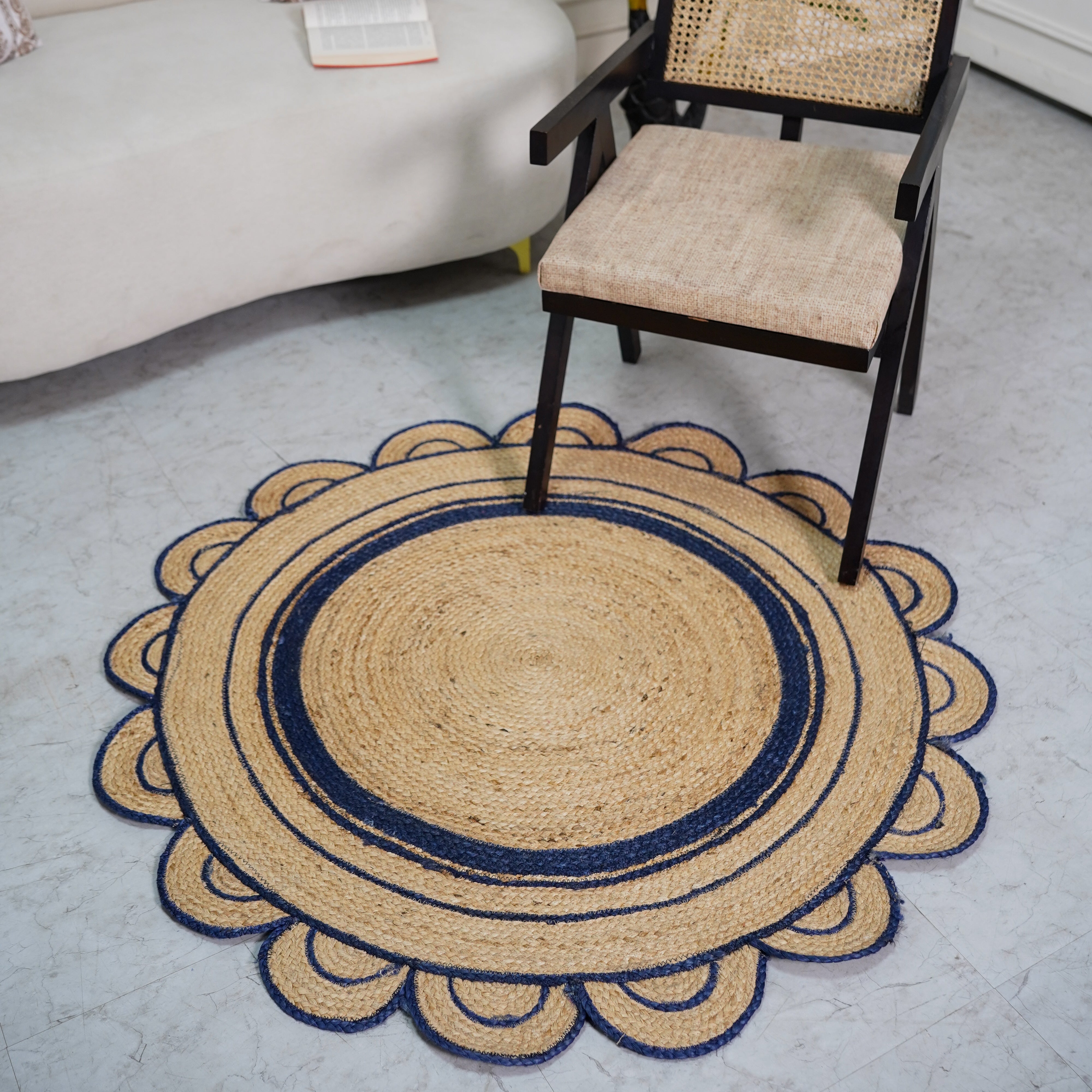 Hand braided Round Scalloped Hemp Rug with Navy Accents