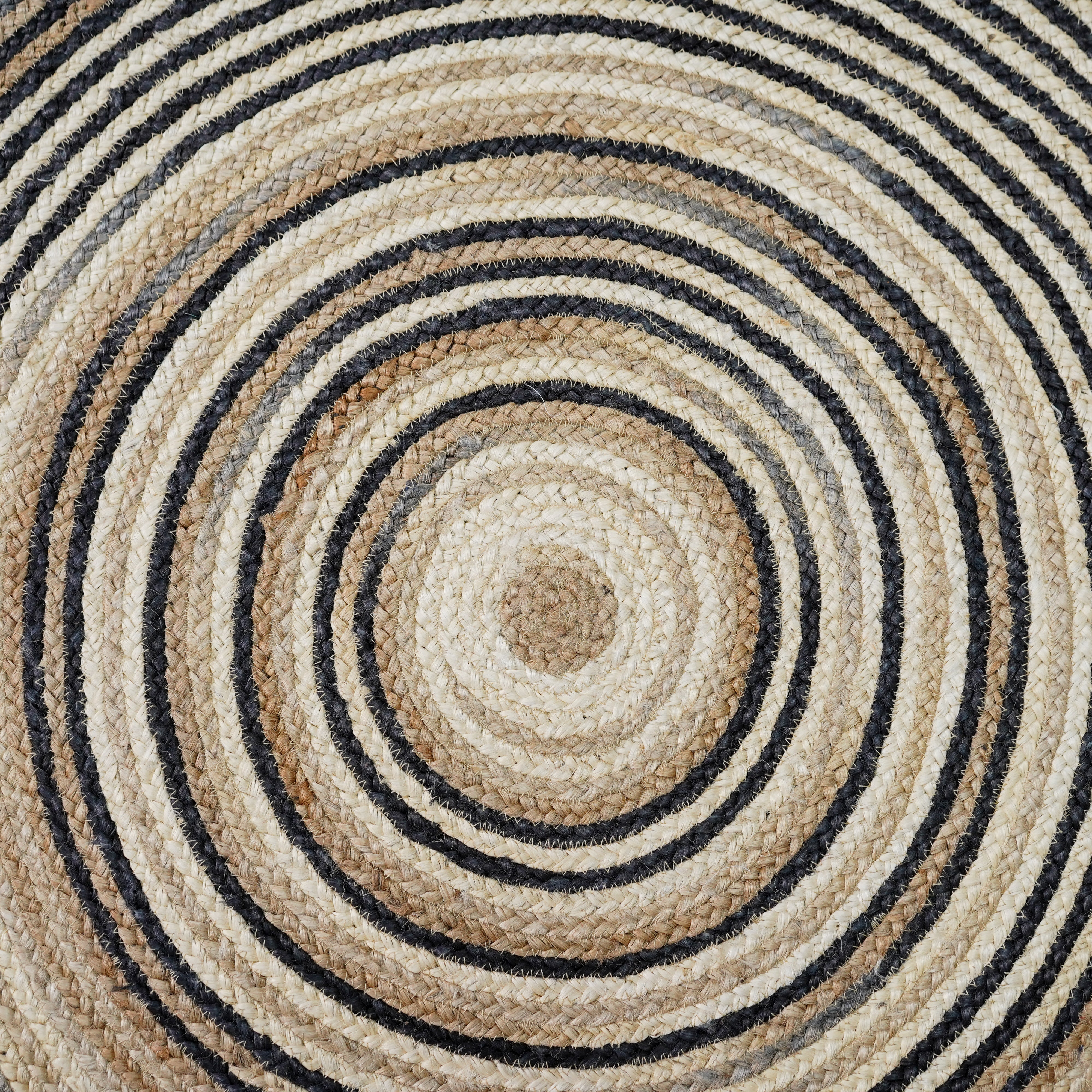 Natural Hand-Braided Hemp Round Rug with Black Spiral Accents – Eco-Friendly, Artisan Crafted