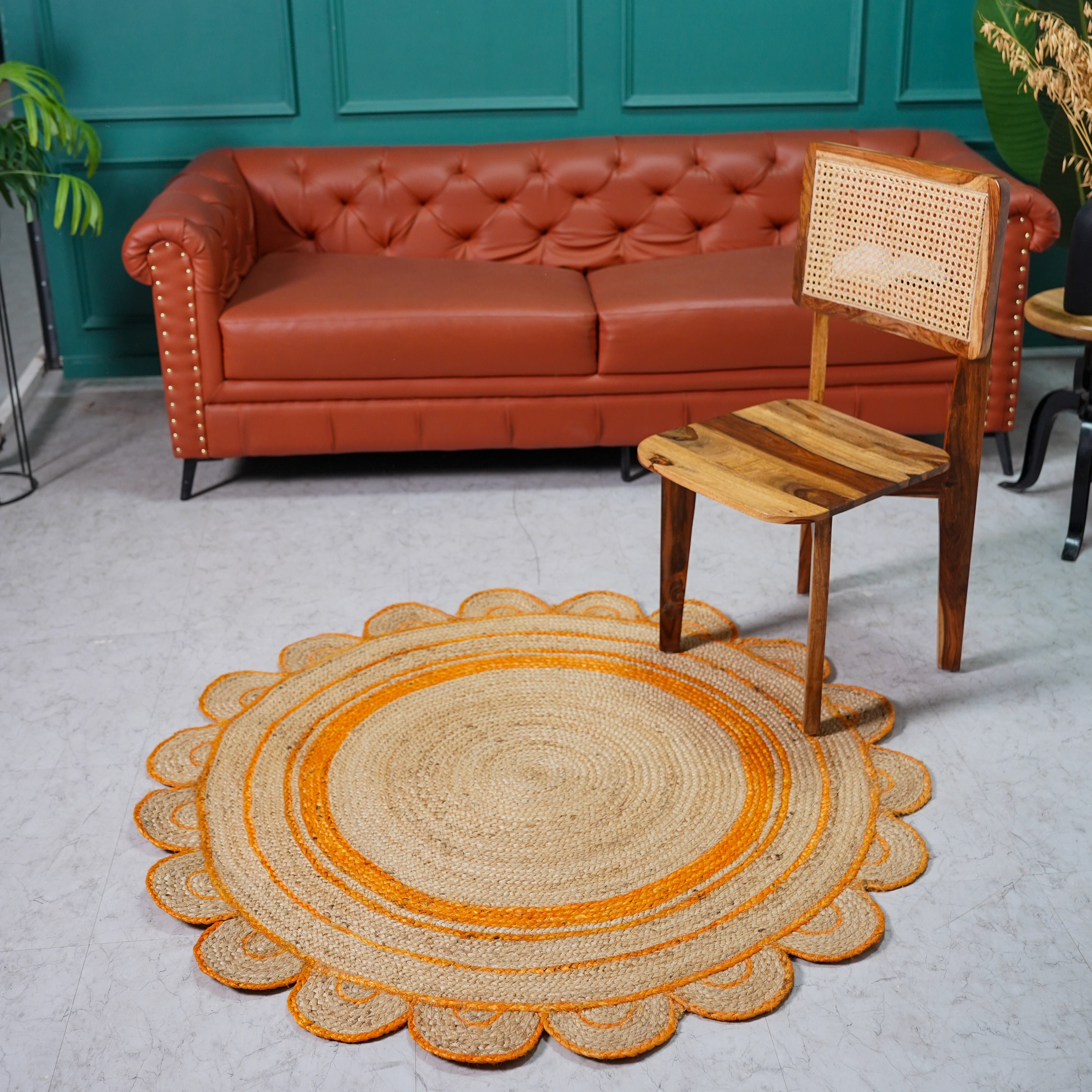 Hand-Braided Scalloped Round Hemp Area Rug with Warm Orange Accent | Natural Fiber Boho Rug