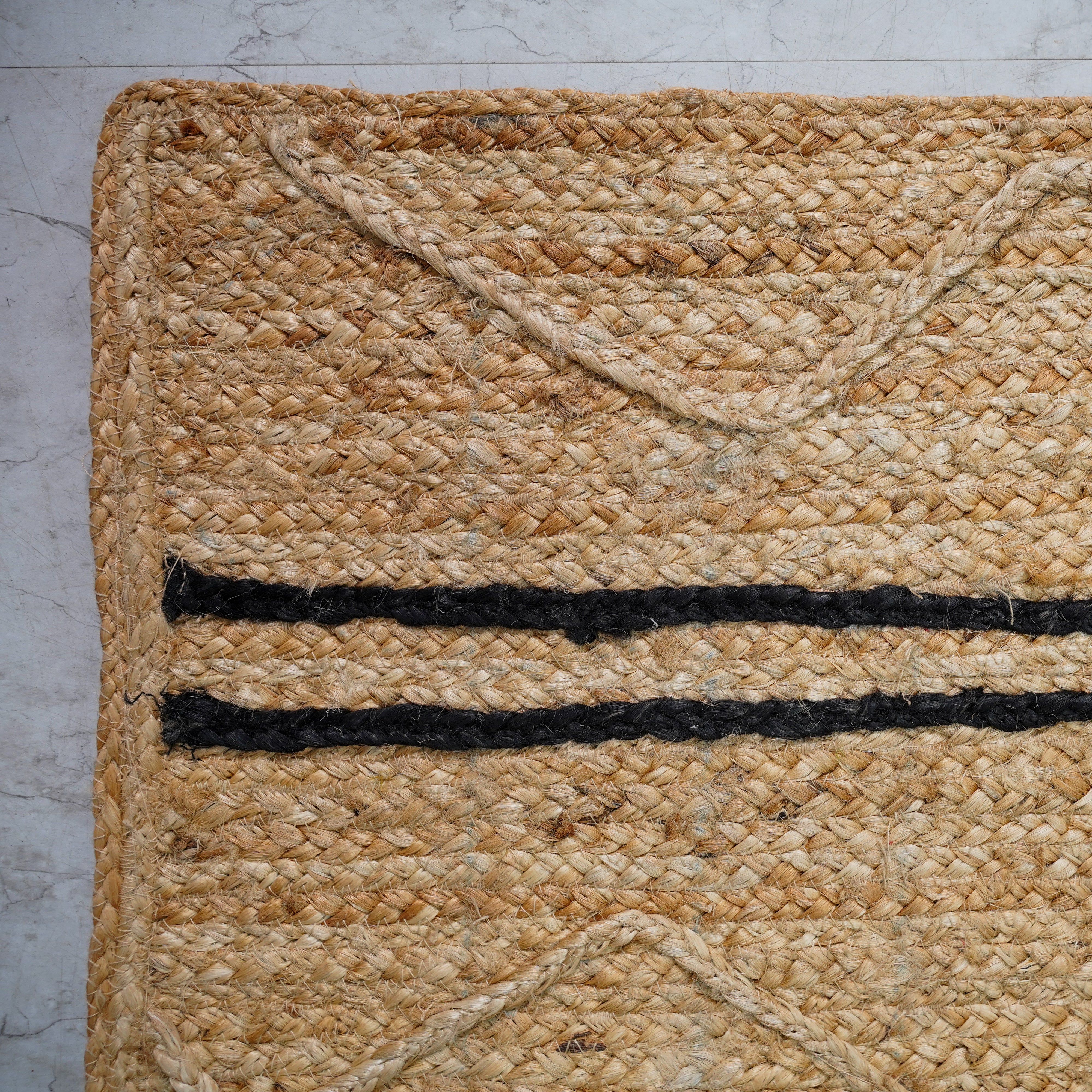 Handcrafted Hemp Area Rug with Chevron Pattern and Stripes - Natural Beige