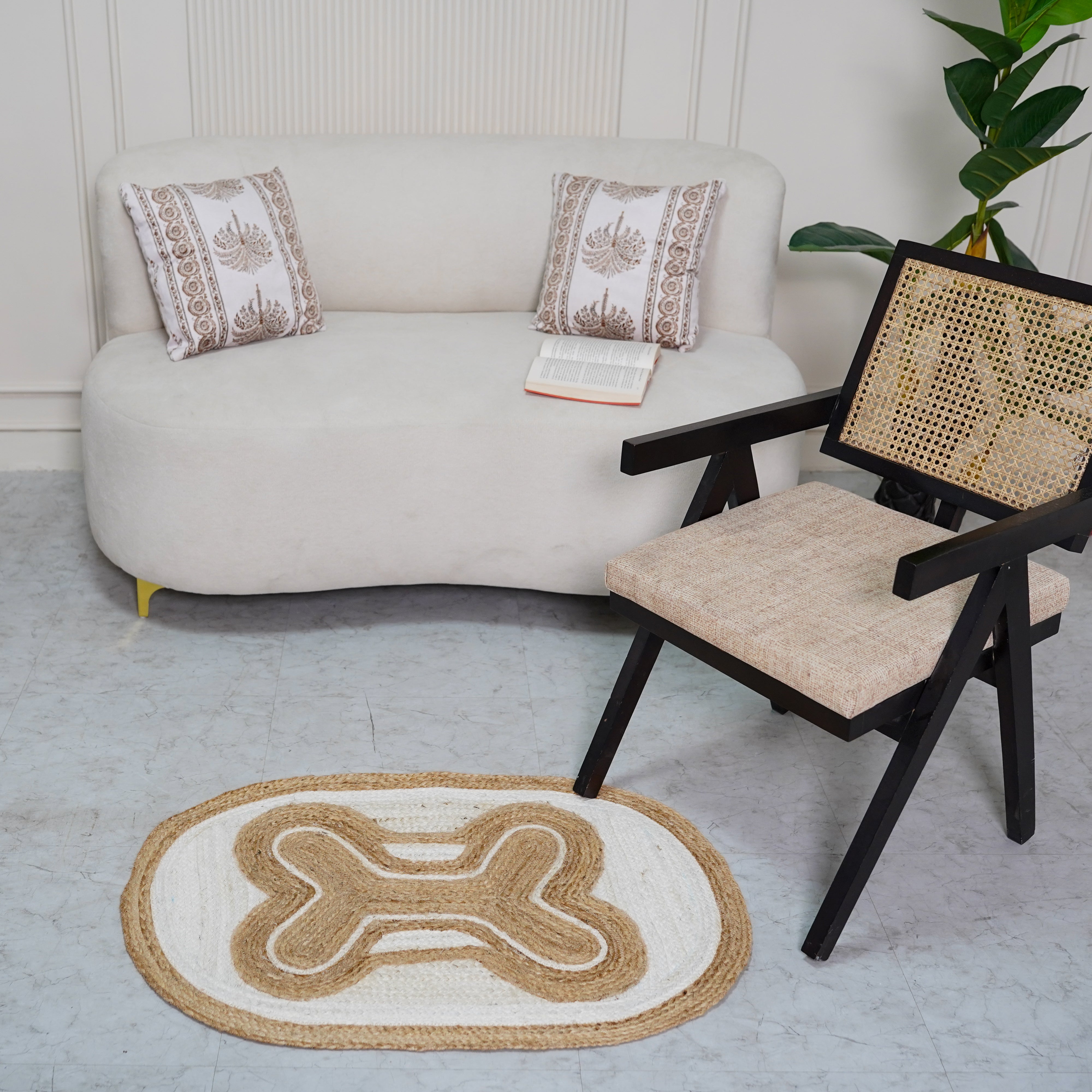 Natural Hemp Oval Rug with Intricate Bone-Inspired Design - Handwoven, Eco-Friendly Accent