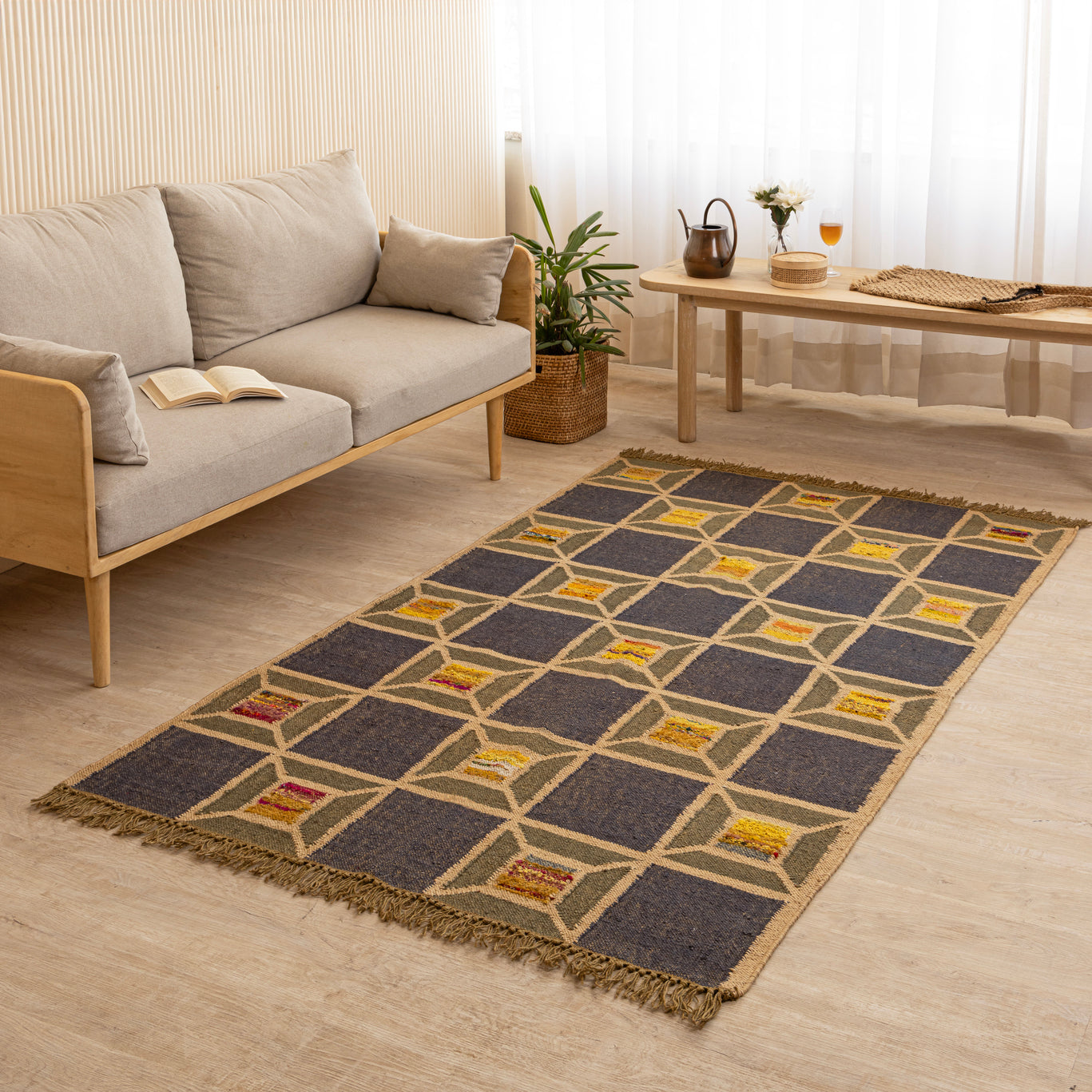 Handcrafted Jute-Wool Rug by Rugzcraft – Geometric Design in Earthy Tones