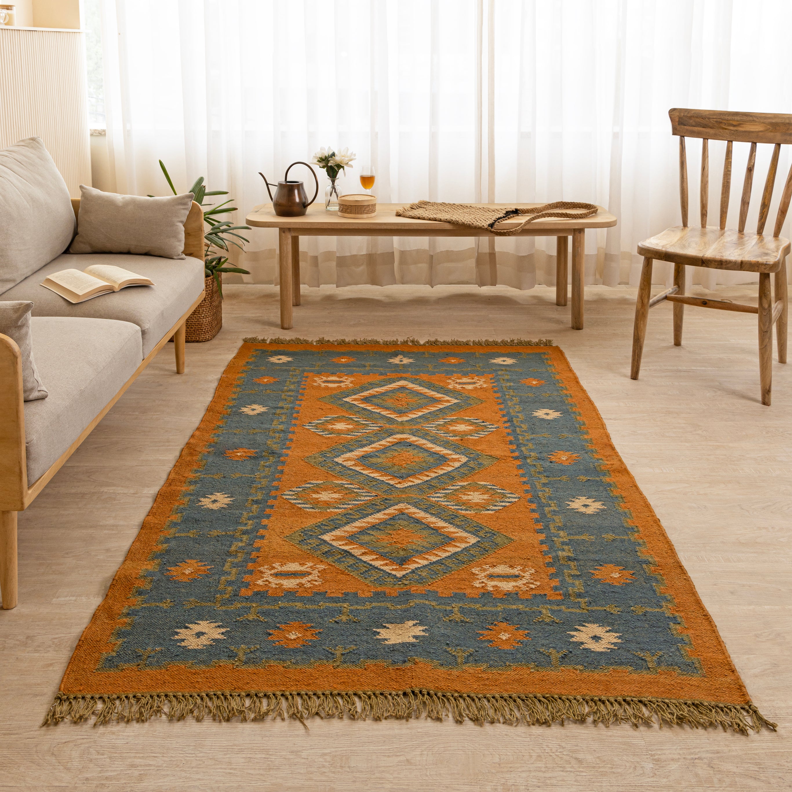 Handwoven Wool-Jute Geometric Area Rug - Vintage Earth Tones